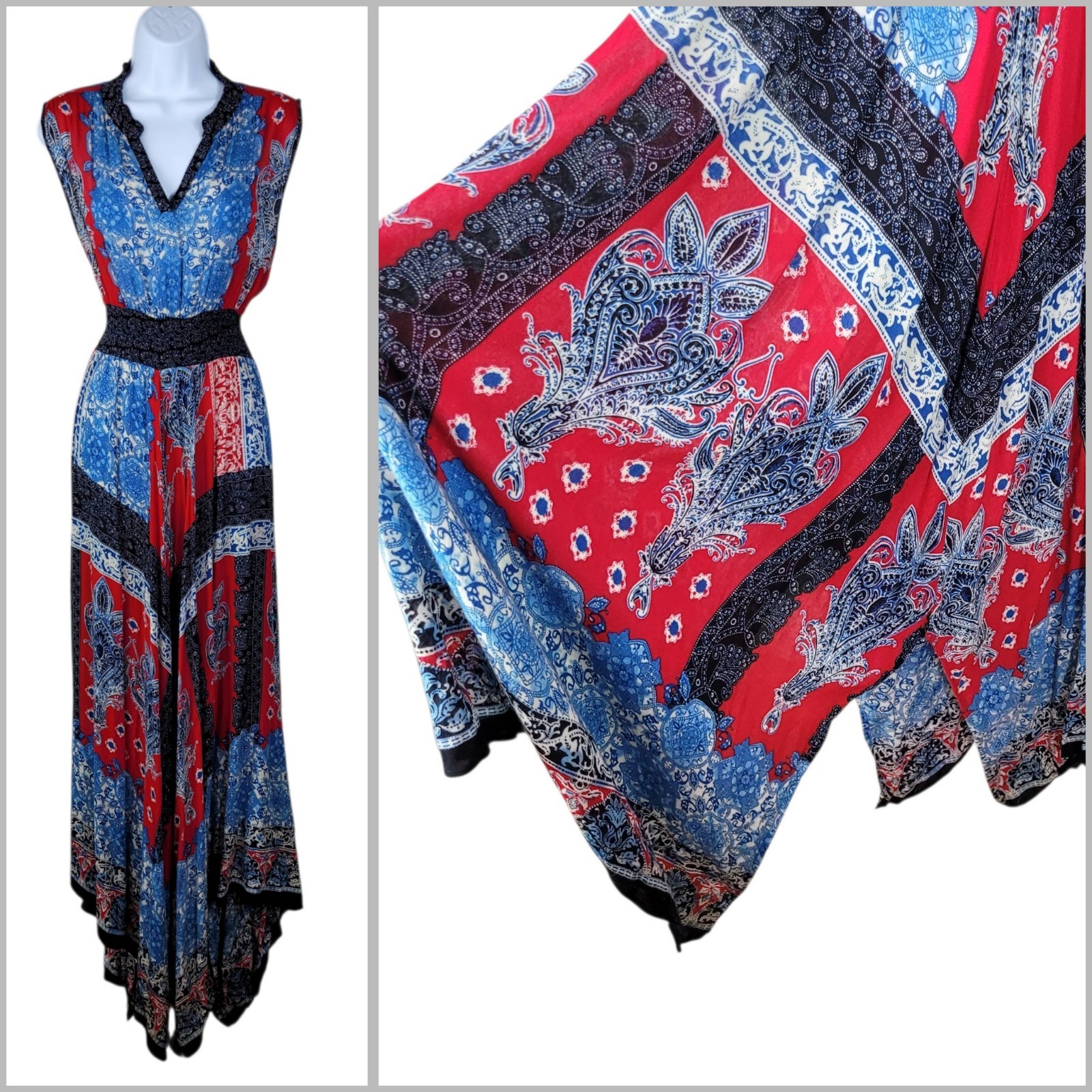 Bila Maxi Dress Size Small Party Casual floral Blue Boho Handkerchief Hem Flare