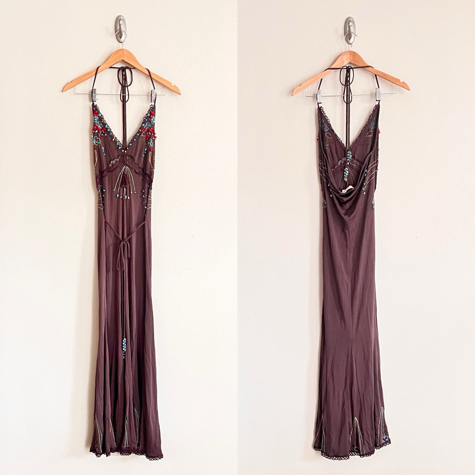 Vintage ROBERTO CAVALLI Class Brown Silk Bead Embellished Halter Slip Dress US10