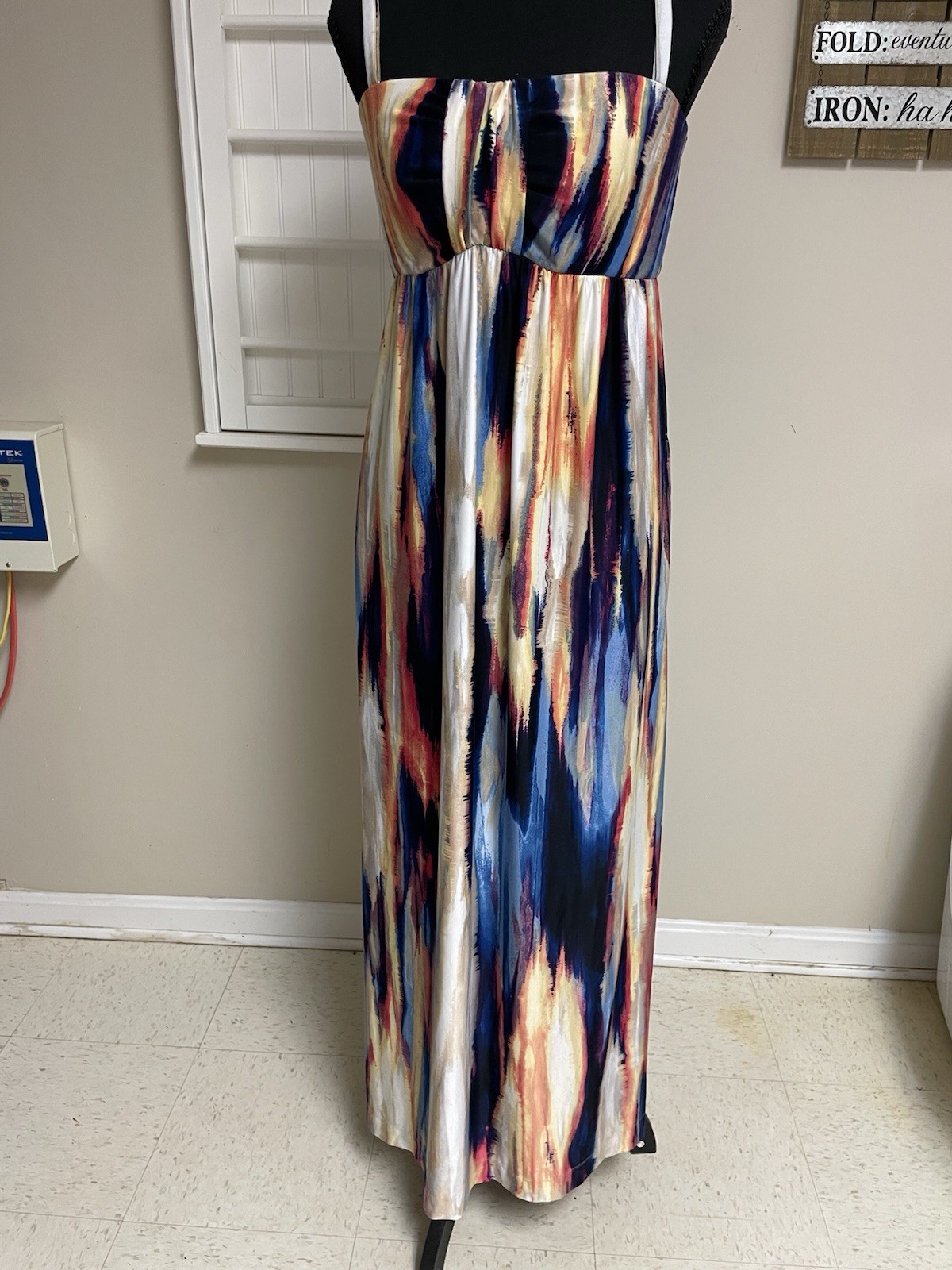Soma Multicolor Abstract Strapless Maxi Dress Long Stretch Knit L Poly Spandex
