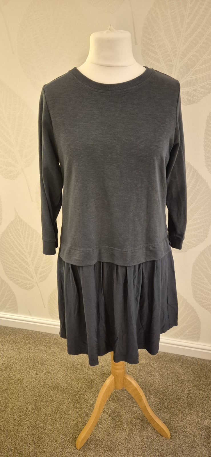 Oliver Bonas Size 12 Dark Grey Casual Mini Dress Comfy Winter Spring 3/4 Sleeve