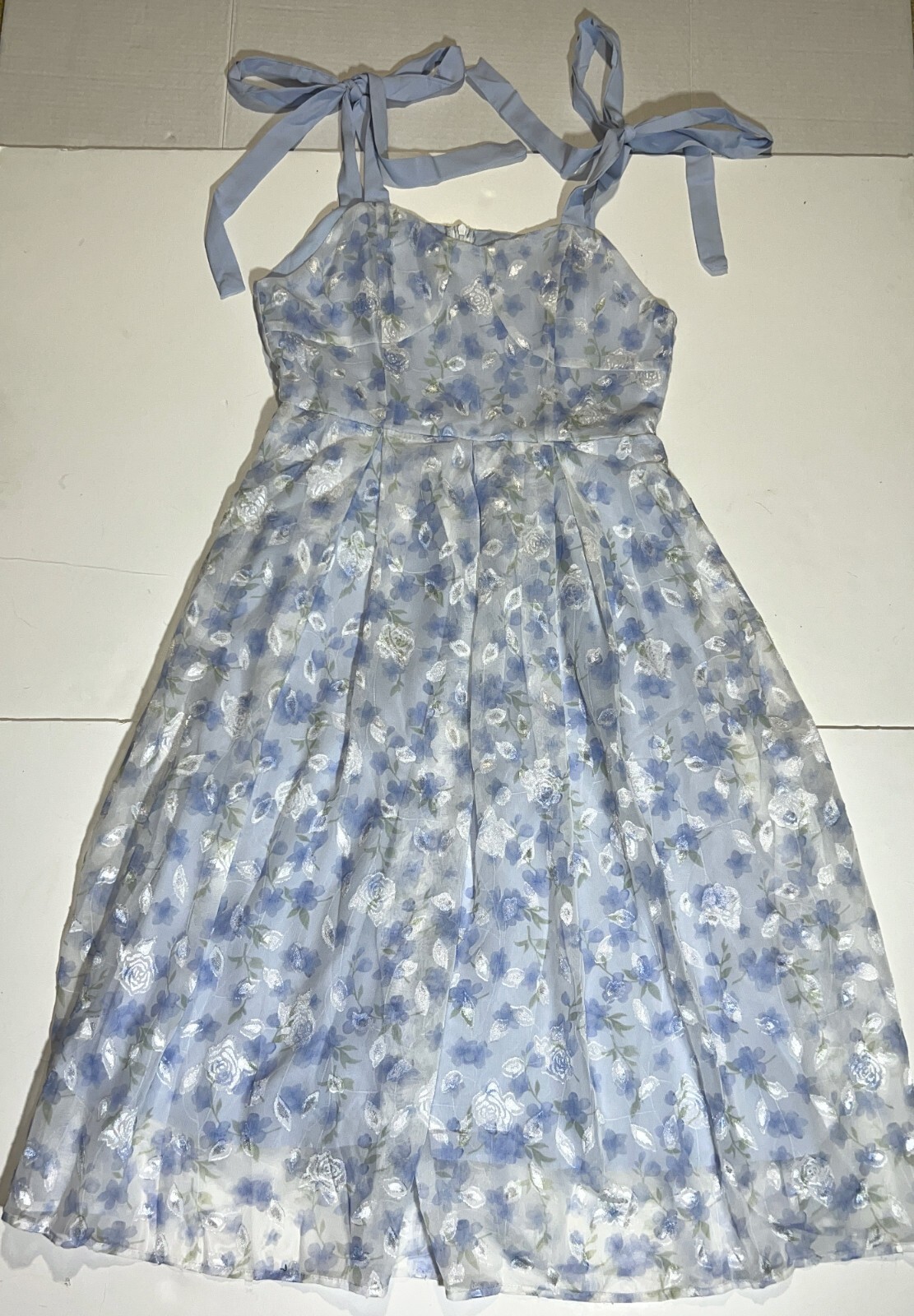 Dazy Floral Flower Print Sheer Lined Sleeveless Bow Midi Sundress Party Dress L