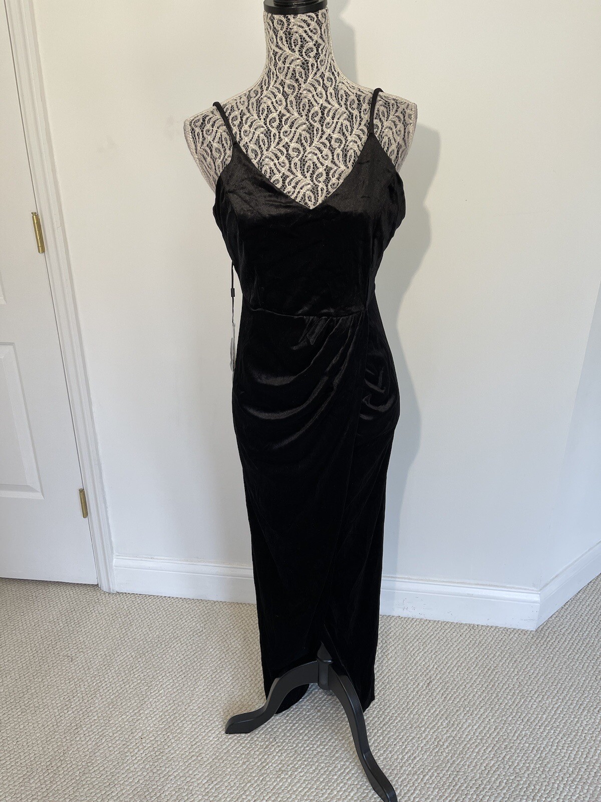 Ababalaya Size L Black Velvet Party Dress Maxi Slit Spaghetti Strap
