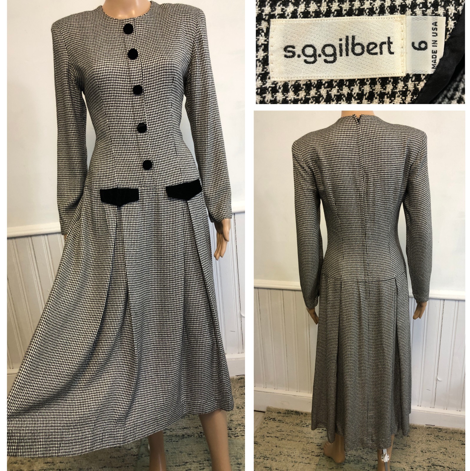 Vintage womens Fit & Flare Houndstooth Riding Dress Size 6 Pleated S.G. Gilbert