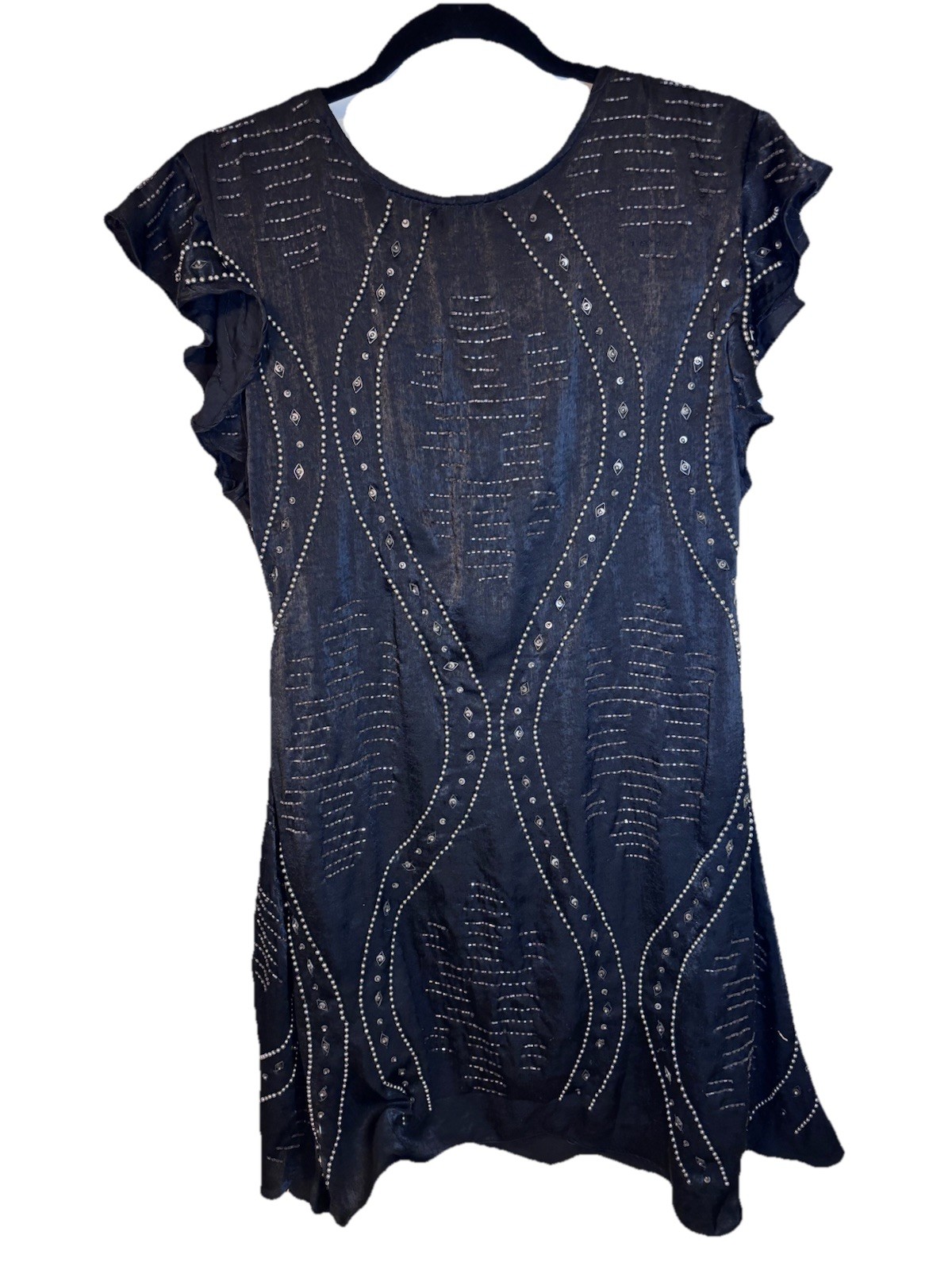Free People Black Beaded Ruffle Short Sleeve Mini Shift Dress Size S NWT $168