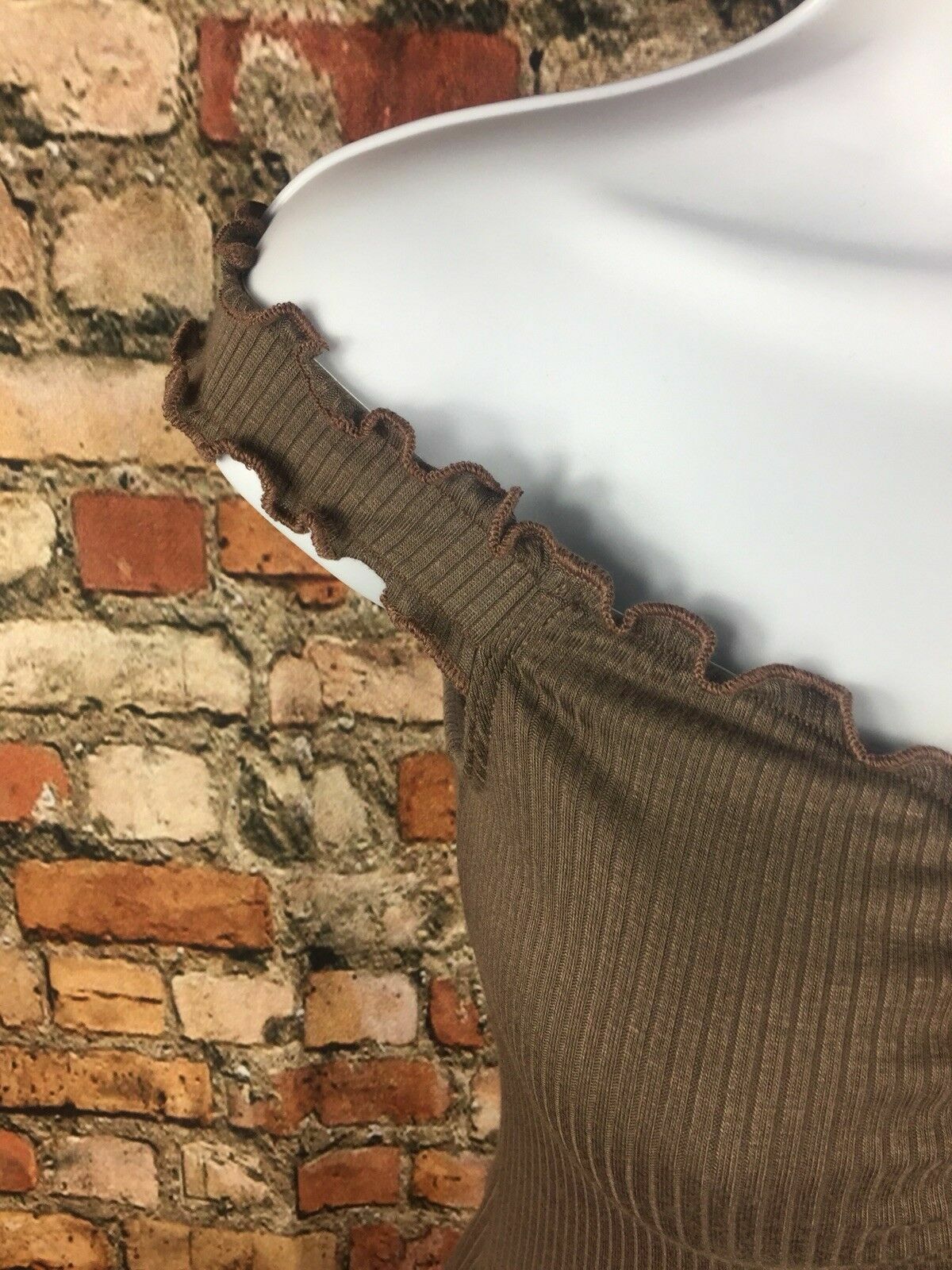 Ribbed Off The Shoulder Bodycon Mini Dress Small Brown Soft Stretch Coquette New