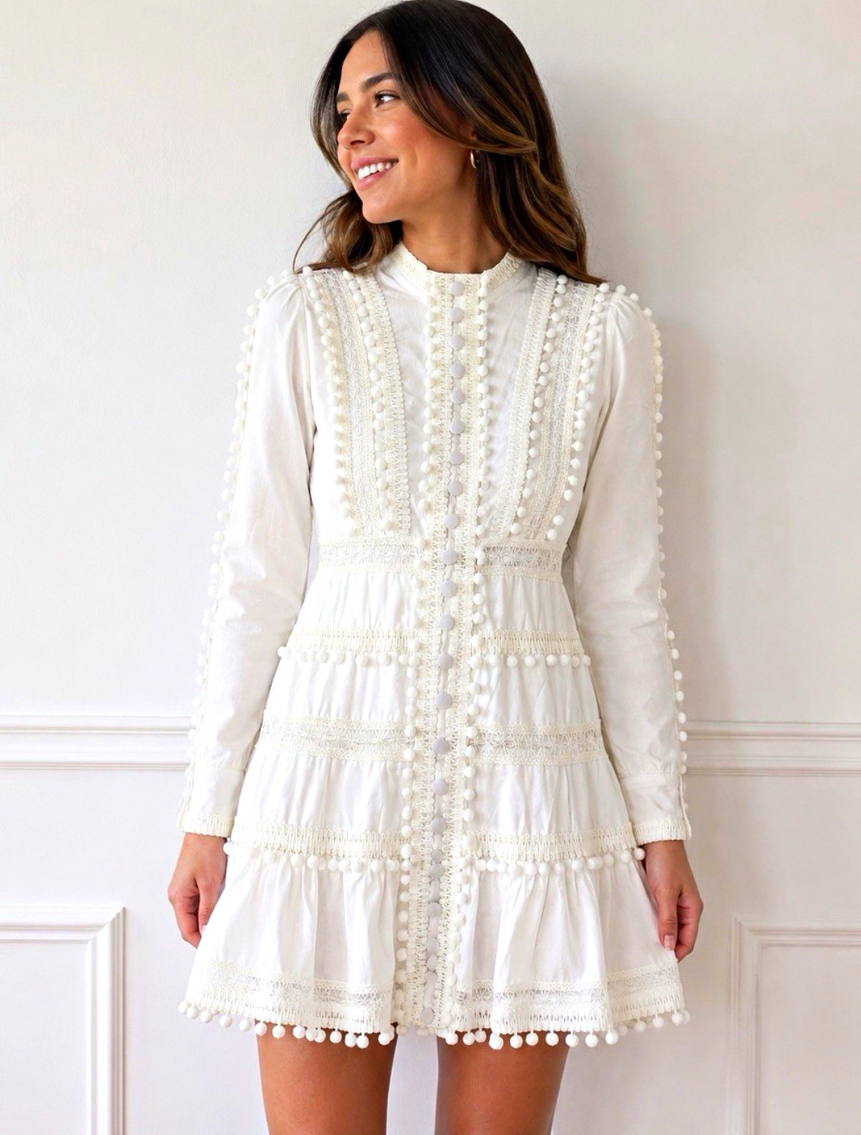 Layered with Love White Long Sleeve Button Front Pom Pom Smocked Mini Dress M
