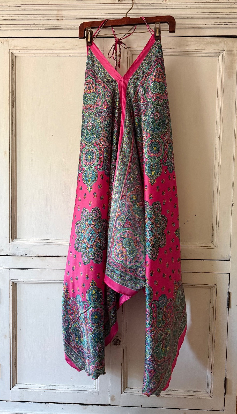 long satin boho dress hot pink turquoise halter top low back excellent condition