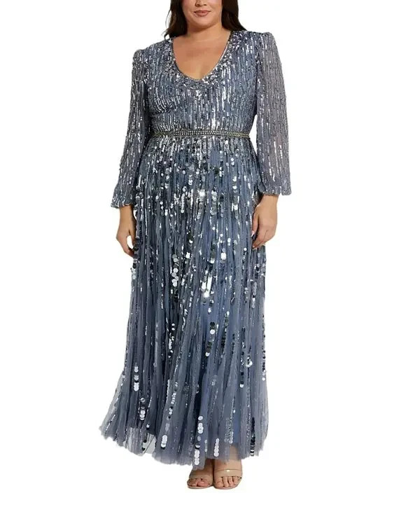 Mac Duggal Slate Blue Long Sleeve Beaded Crystal Deep V Neck Gown Size 22 $698