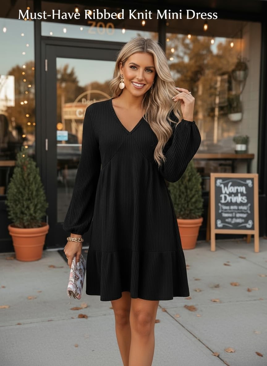 Dokotoo Spring Women’s Dresses Long Sleeve Neck Lightweight Ribbed Black Small