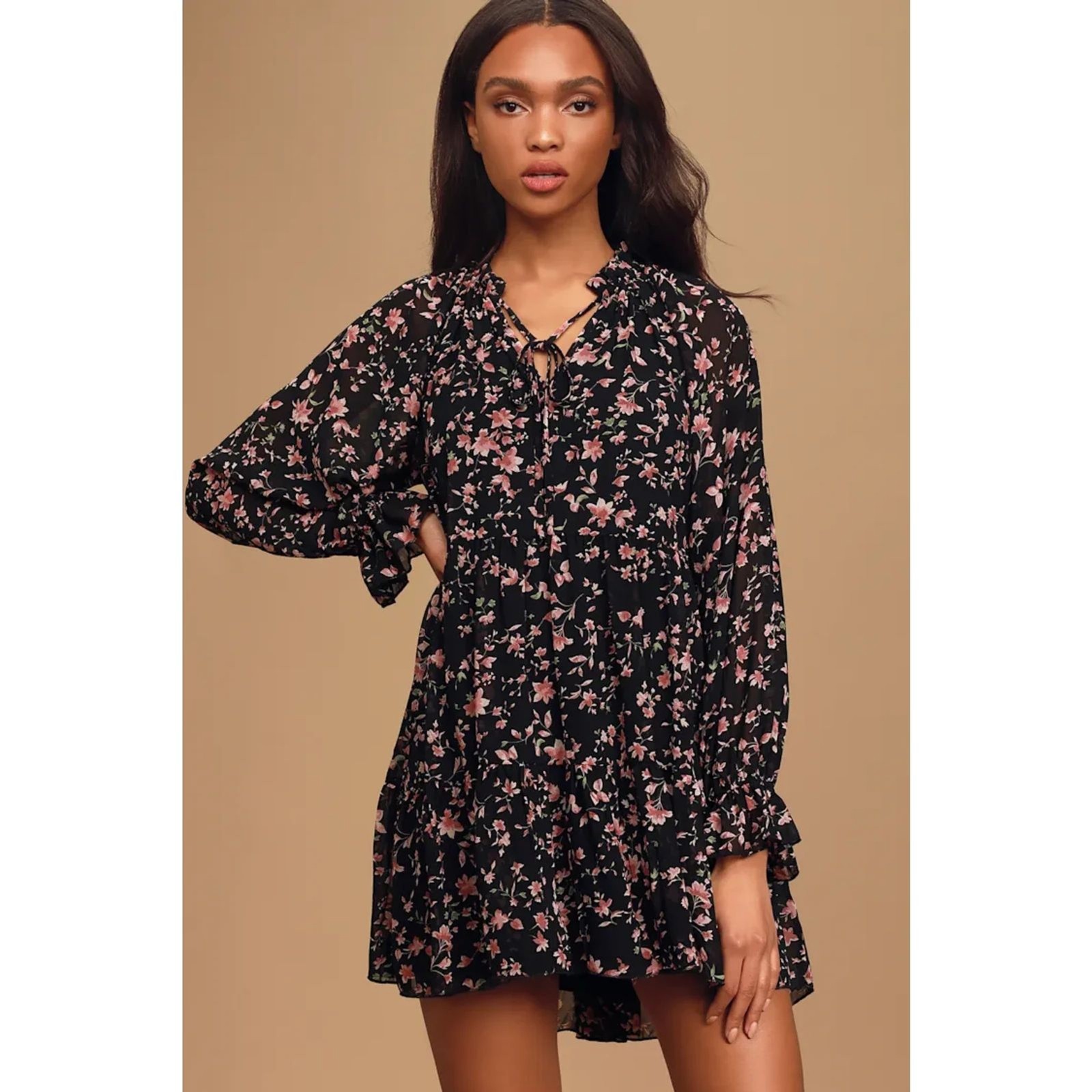 Boho Black Ditsy Floral Button Down Peplum Blouse Tiered Ruffle Top