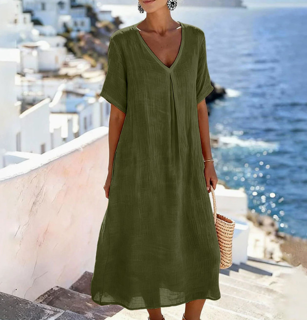 Ladies Solid V Neck Short Sleeve Cotton Linen Long Dress Loose Fit Casual Dress
