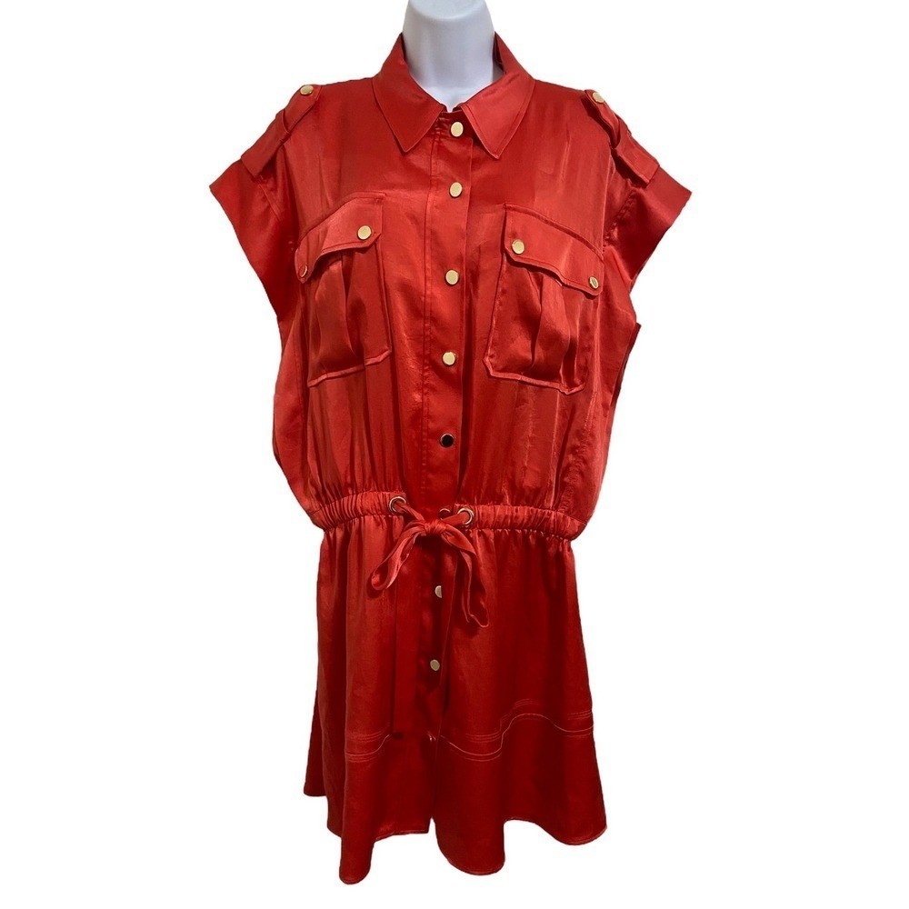 Ramy Brook NEW Vlada Satin Cargo Mini Grenadine Utility Dress Drawstring Waist L