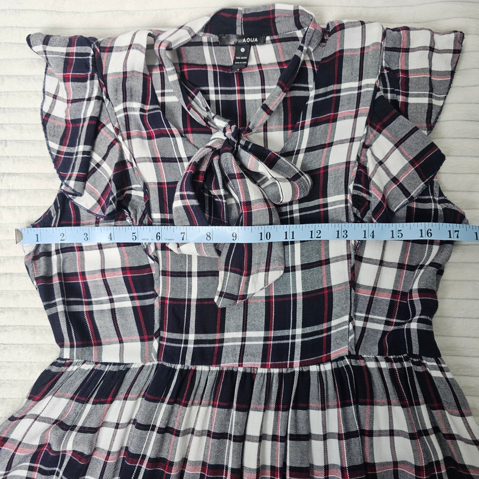 AQUA Plaid Ruffle Tie Neck Mini Dress Women S Red Navy White Rayon Academia Y2K