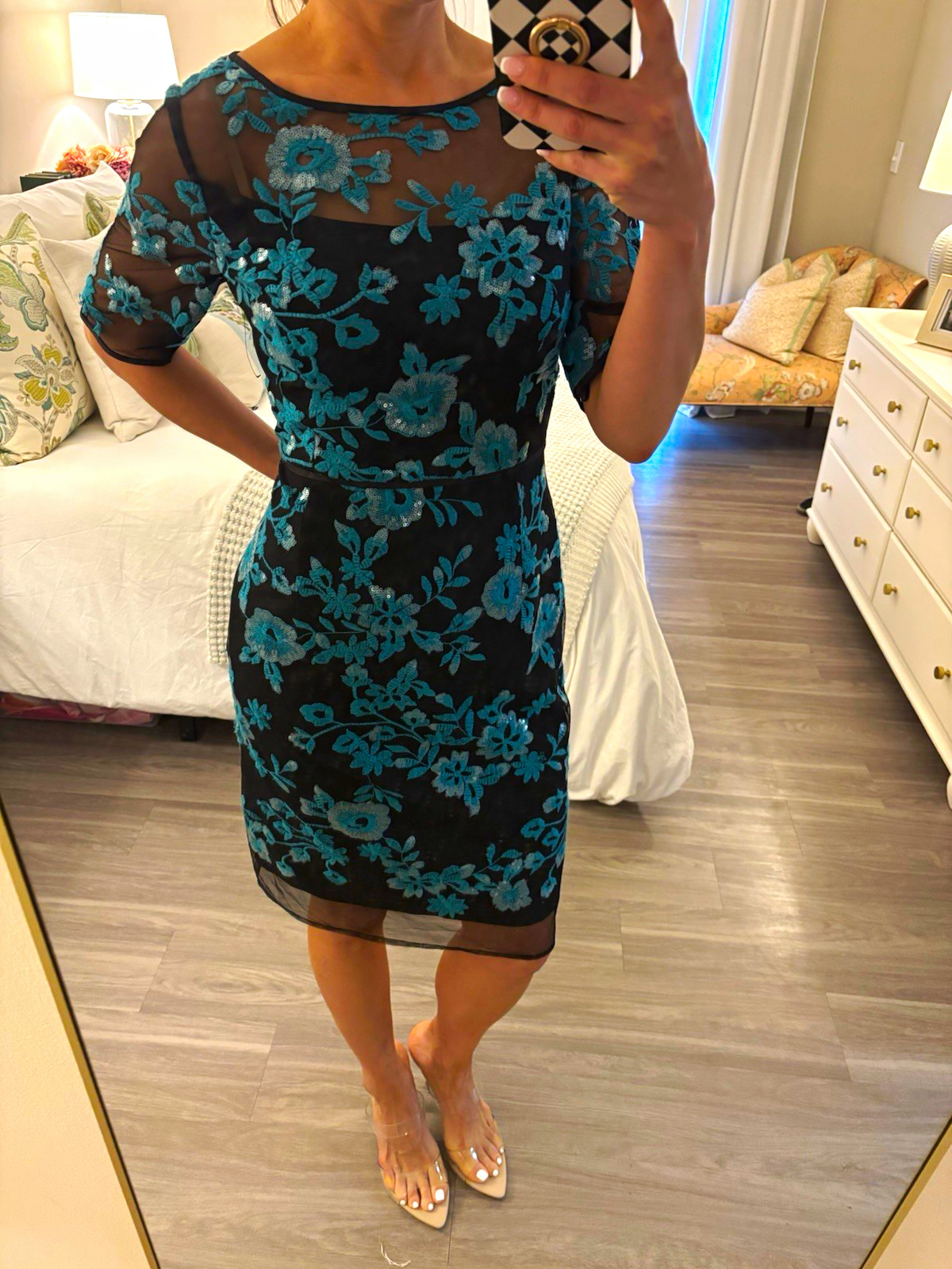 SHANI Black/Teal Floral Embroidered Mesh Sheath Knee Dress SS Boat Neck 8