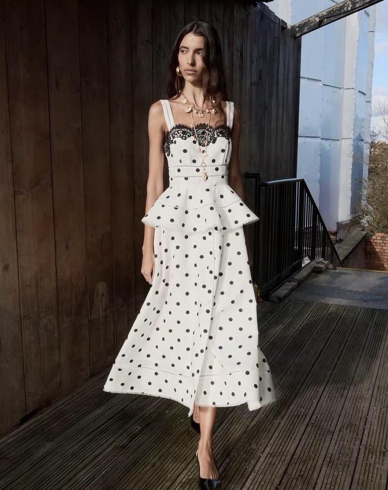 Self Portrait WHITE POLKA DOT LINEN MIDI DRESS
