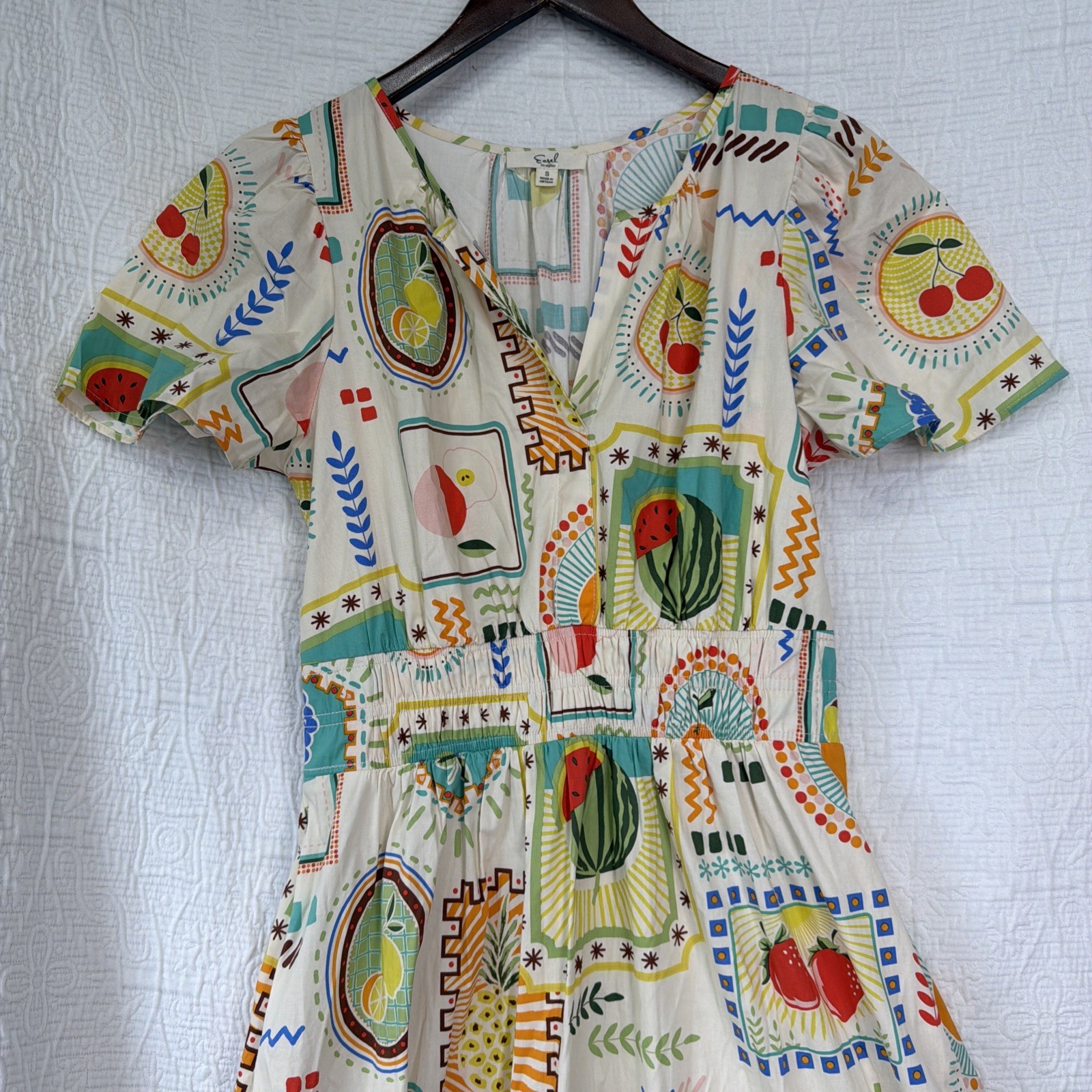 Easel Fruit Print Cotton Tiered Midi Dress Small Short Sleeve Garden Cottagecore