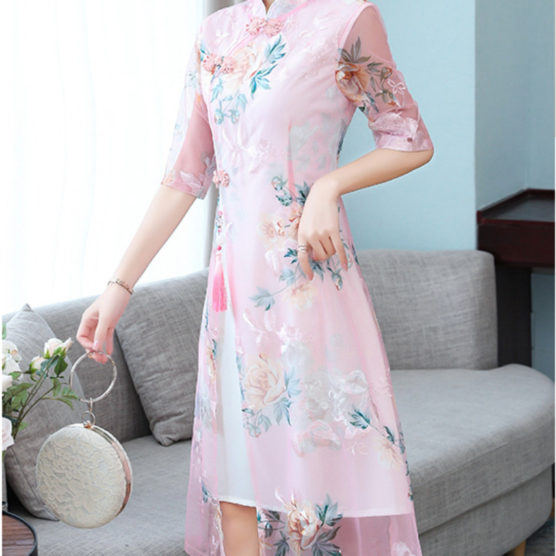 Ladies Flower Pattern Mesh Cheongsam Qipao Dress Side Slit Half Sleeve Elegant