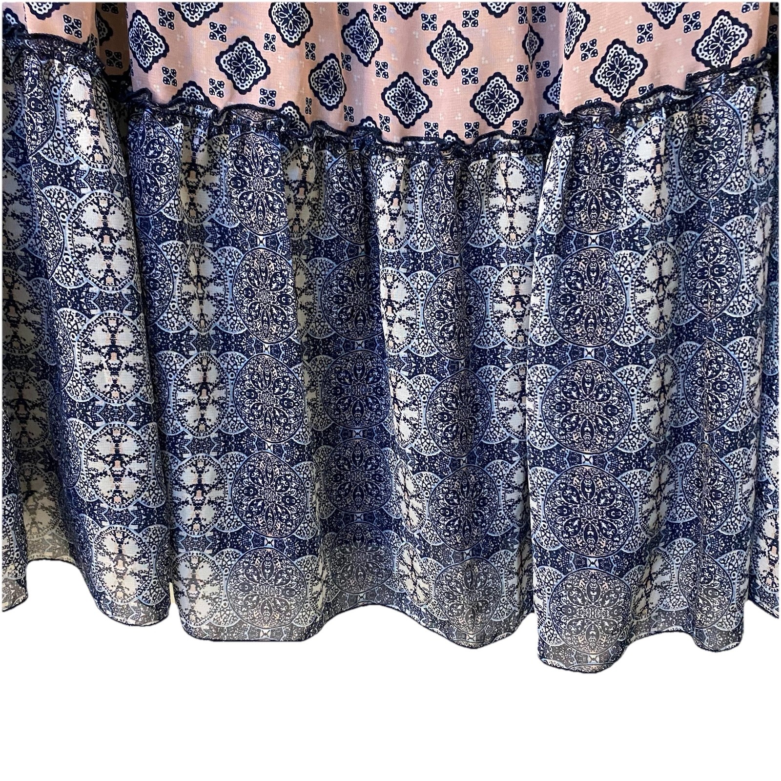 Speechless Sz 3X Tiered Dress Semi Sheer Lined Navy Lt Blue Pink Tie At Neck