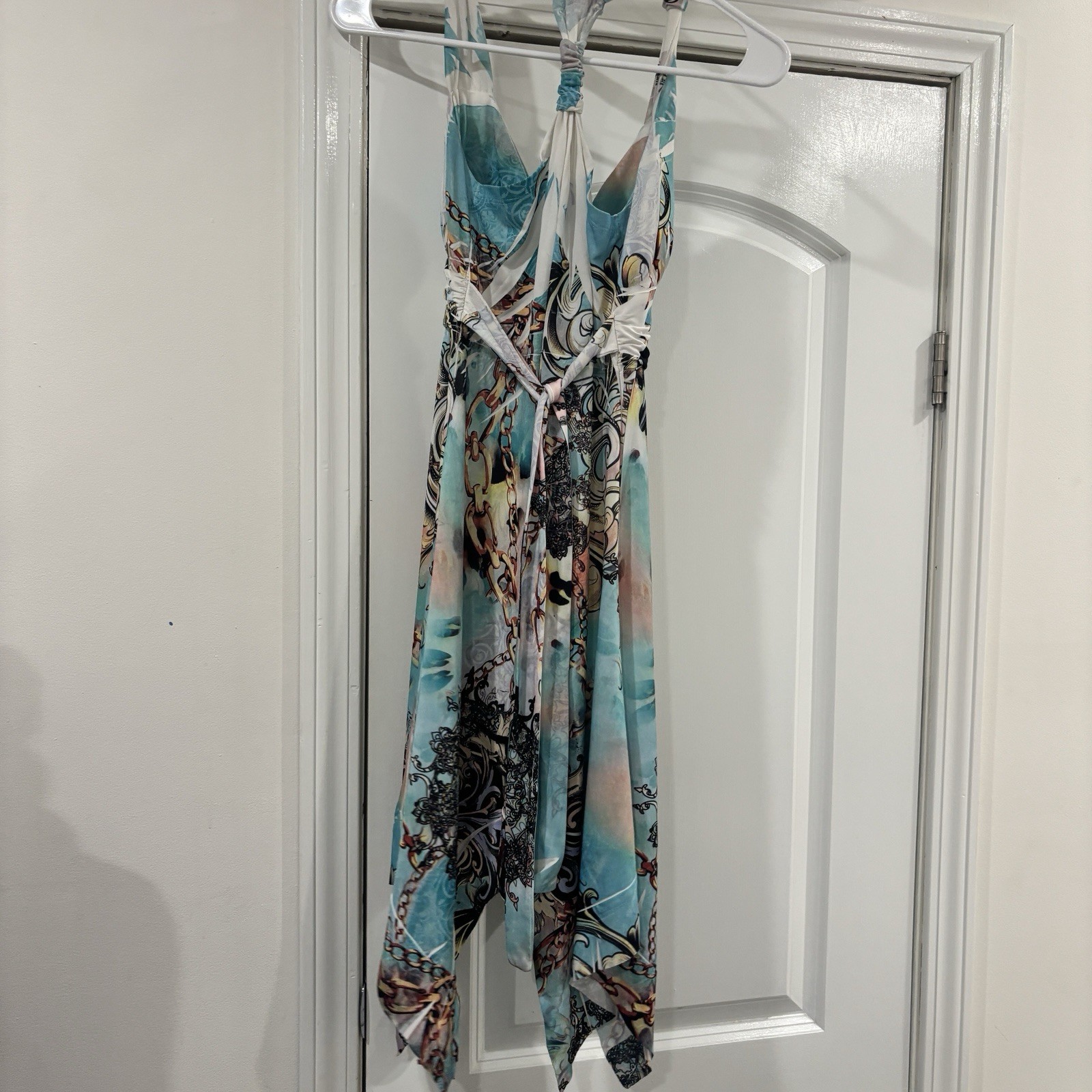 Abstract Multicolor Halter V-Neck Fit & Flare Hi-Low Dress Sleeveless S