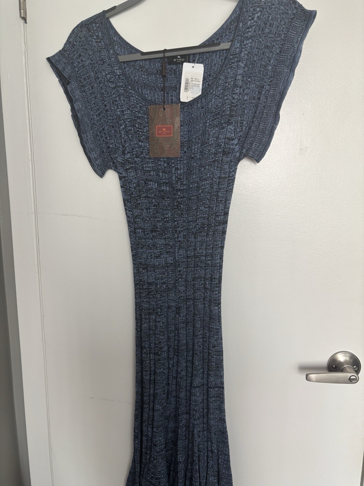 ETRO Milano Blue Striated Textured Knit Maxi Dress Round Neck Cap Sleeve 44 IT
