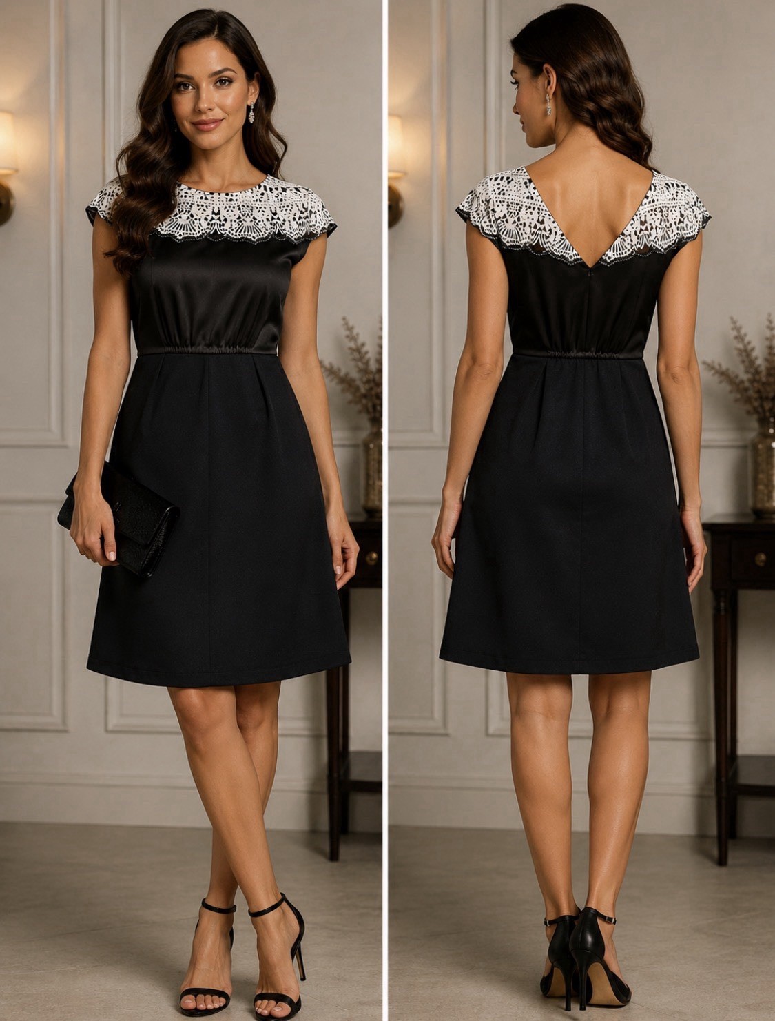 Tory Burch Black/White Lace Look Beaded A-Line V-Back /Cap Sleeve size 8 Dress