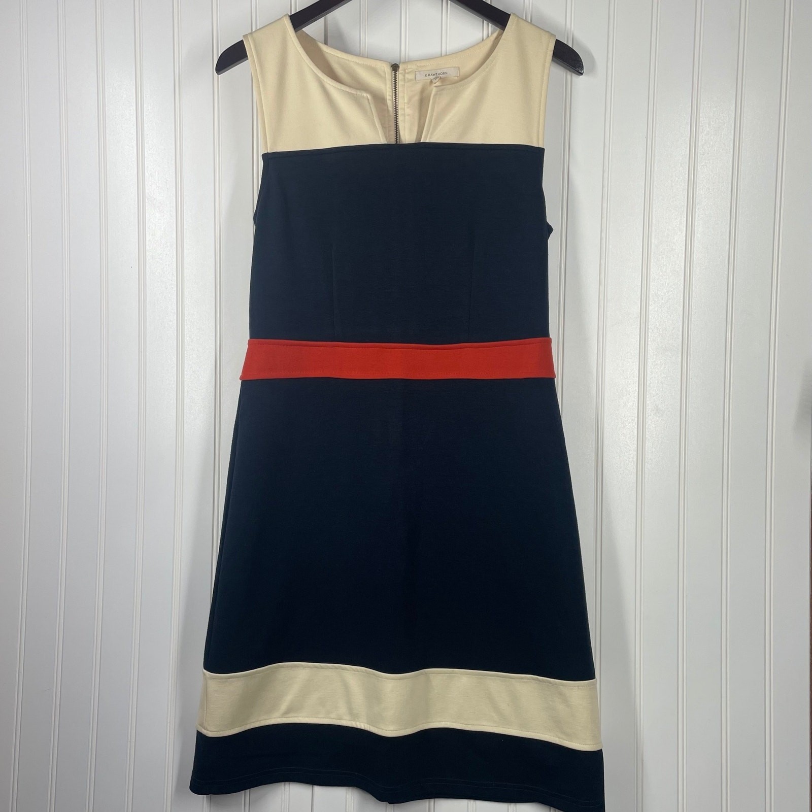41 Hawthorn Women’s Tan & Navy Sleeveless Knee-Length Dress Back Zipper Size M