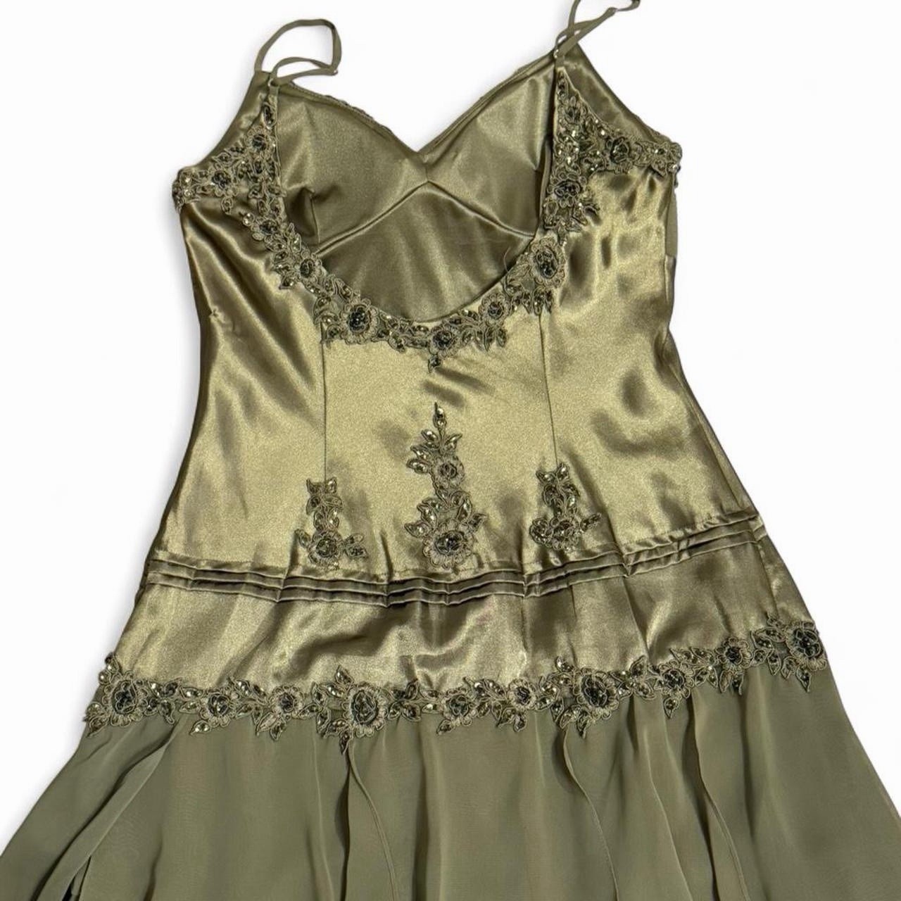 Interlude Green Satin Embroidered Sequin Slip Dress V-Neck Adjustable Straps M