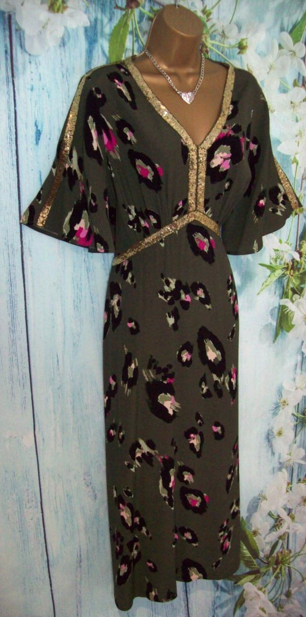 Next Love & Roses Khaki Green Animal Sequin Angel Sleeve Midi Dress Size 14