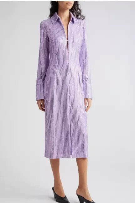 Stine Goya Lavender Purple Sonja Sequin Button-Up Midi Shirtdress Small $465
