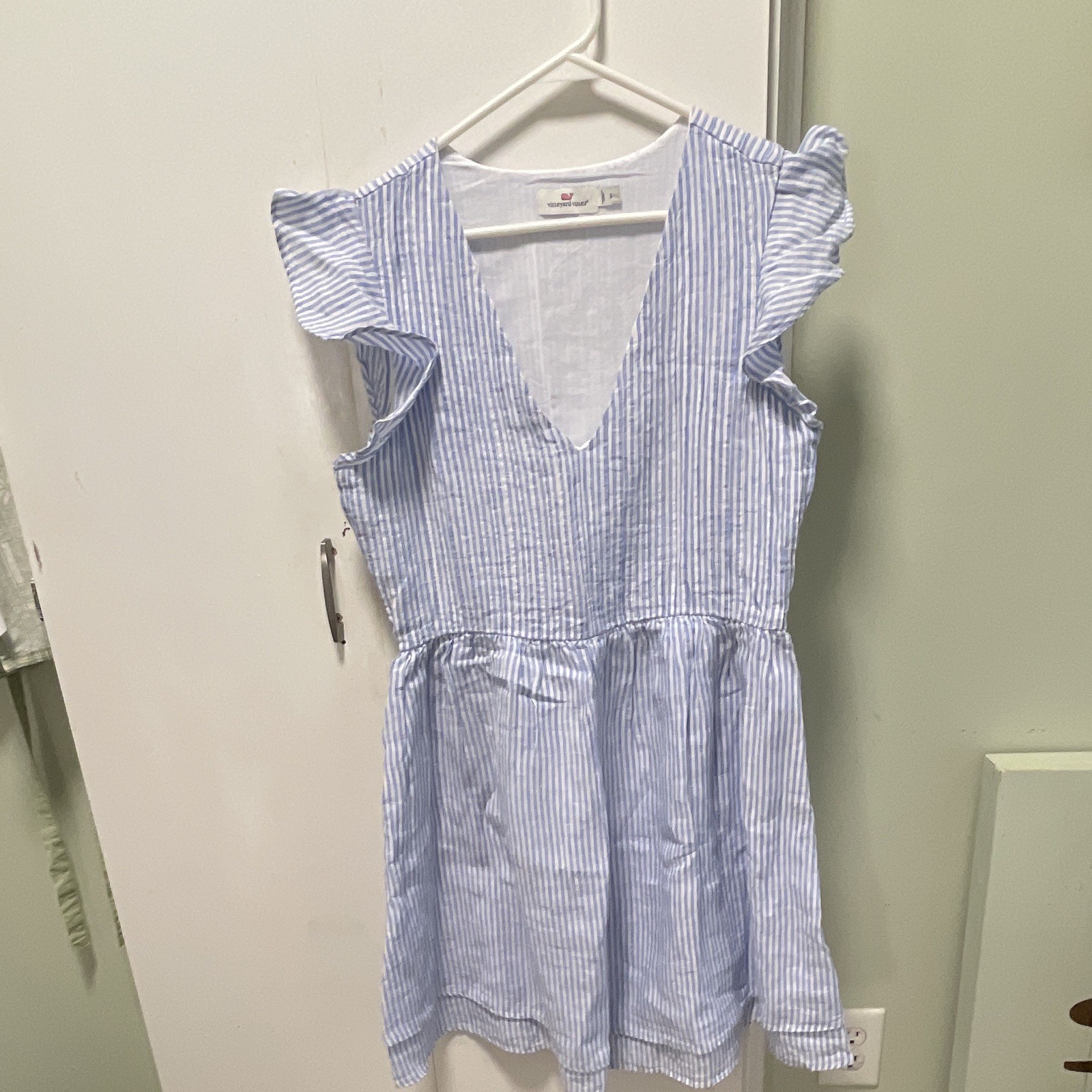 Vineyard Vines S Linen Striped Blue White V-Neck A-Line Short Flutter Dress