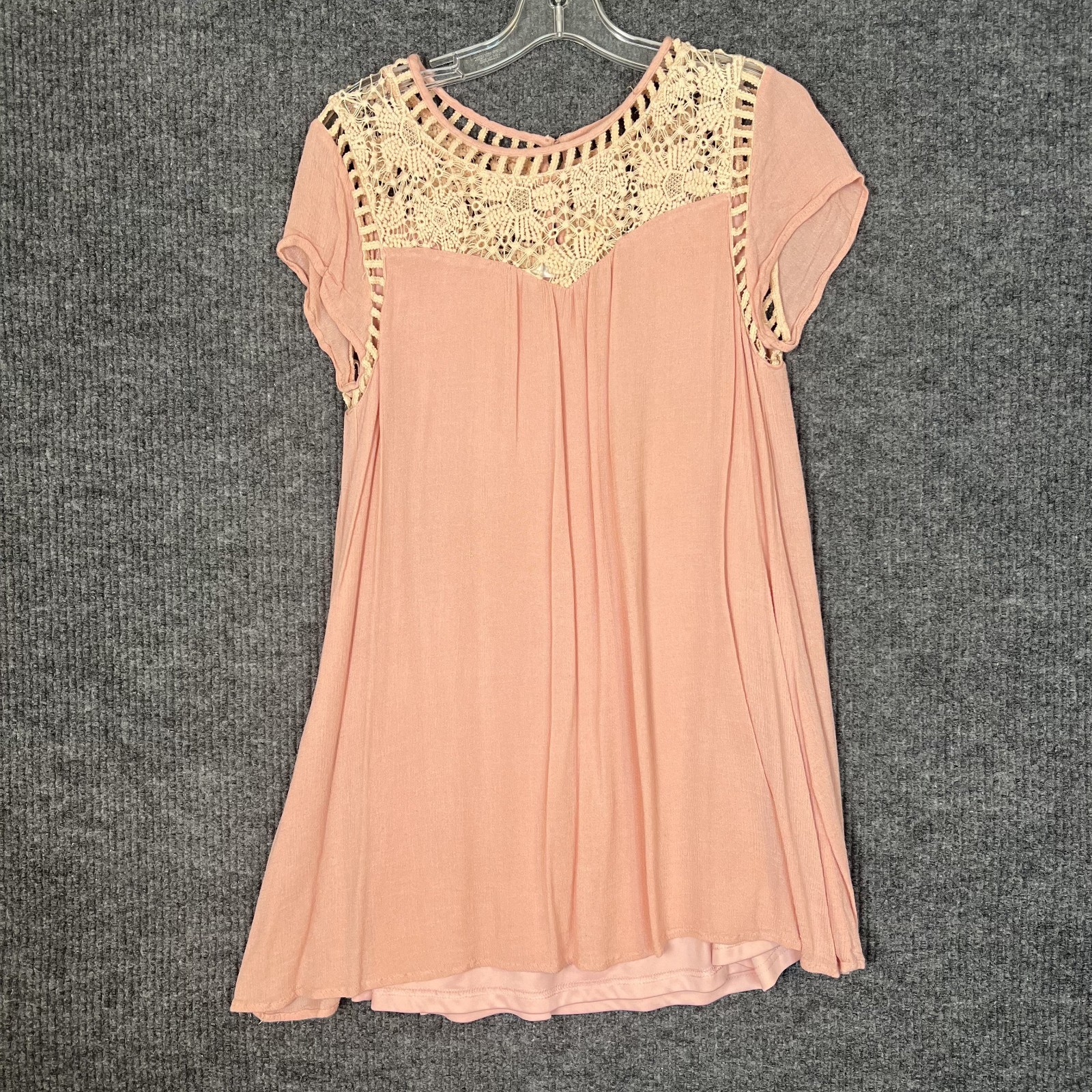 Womens Crinkle Crotchet Shift Dress Medium Pink Cream Bohemian Romantic Dainty