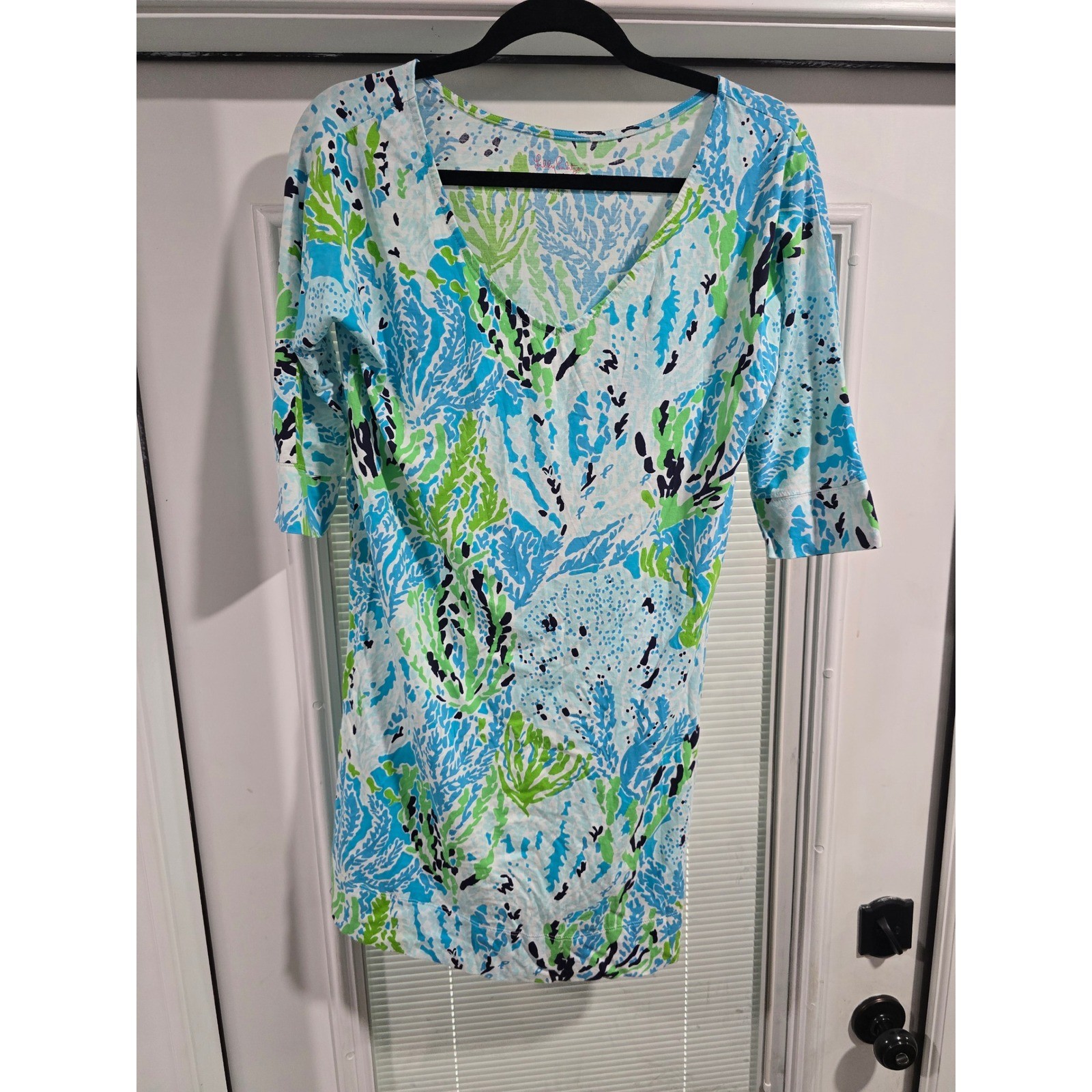 Lilly Pulitzer Blue Green Coral Reef Pima Cotton V-Neck T-Shirt Dress Small