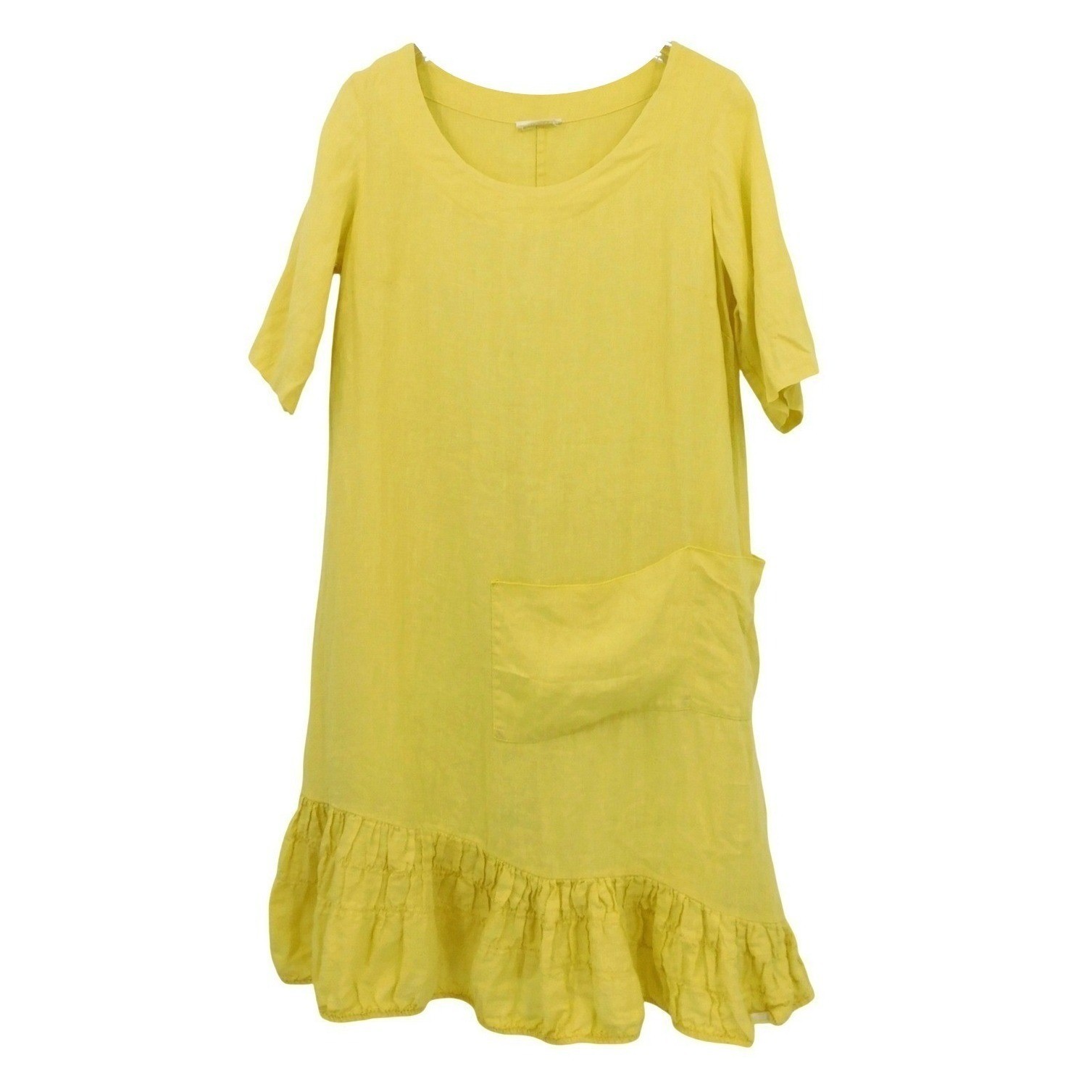 Luukaa Yellow Linen Shift Dress Asymmetrical Ruffle Hem Pocket Womens Size S