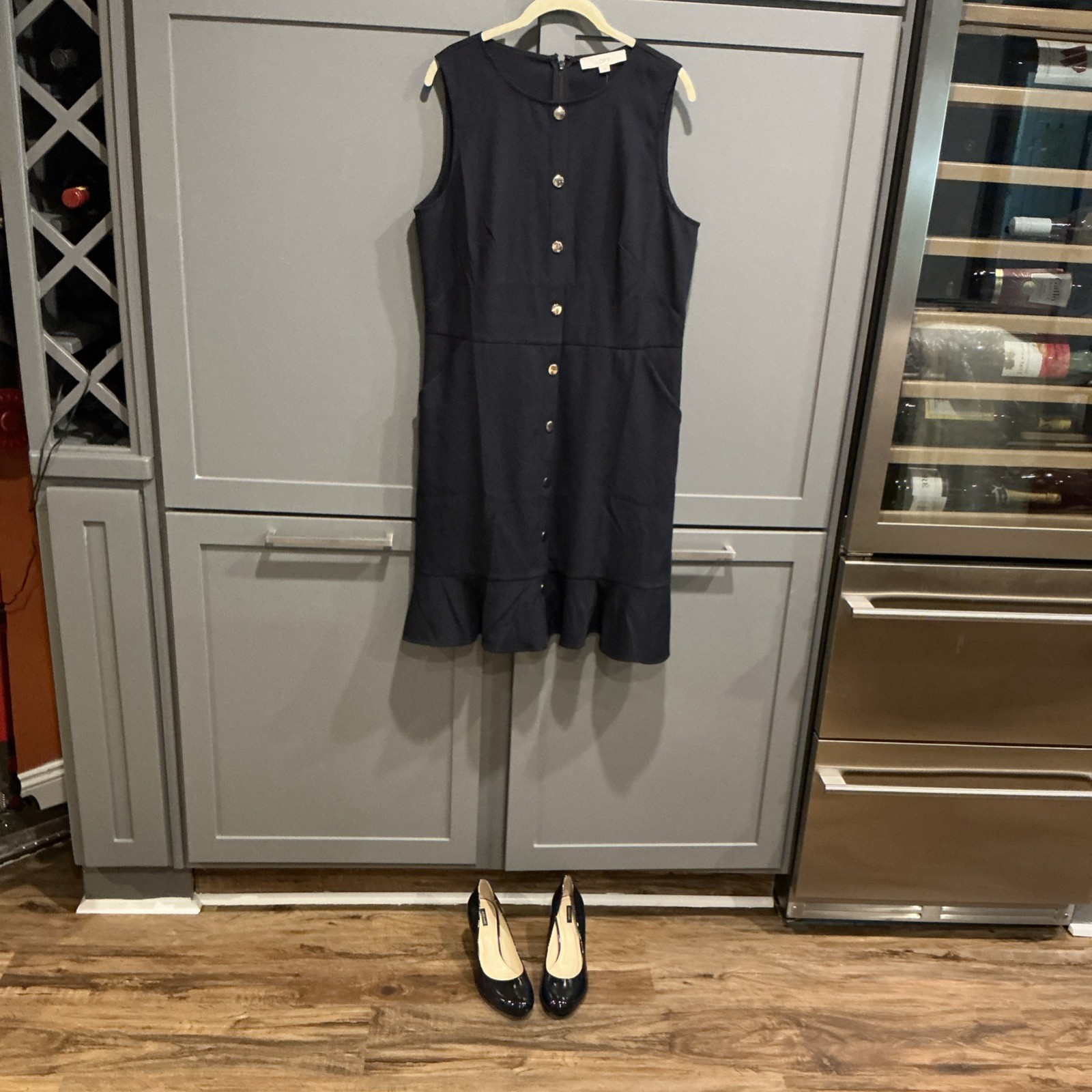 LOFT Navy Sleeveless Sheath Dress Knee Length Button Ruffle Pockets Stretch 12