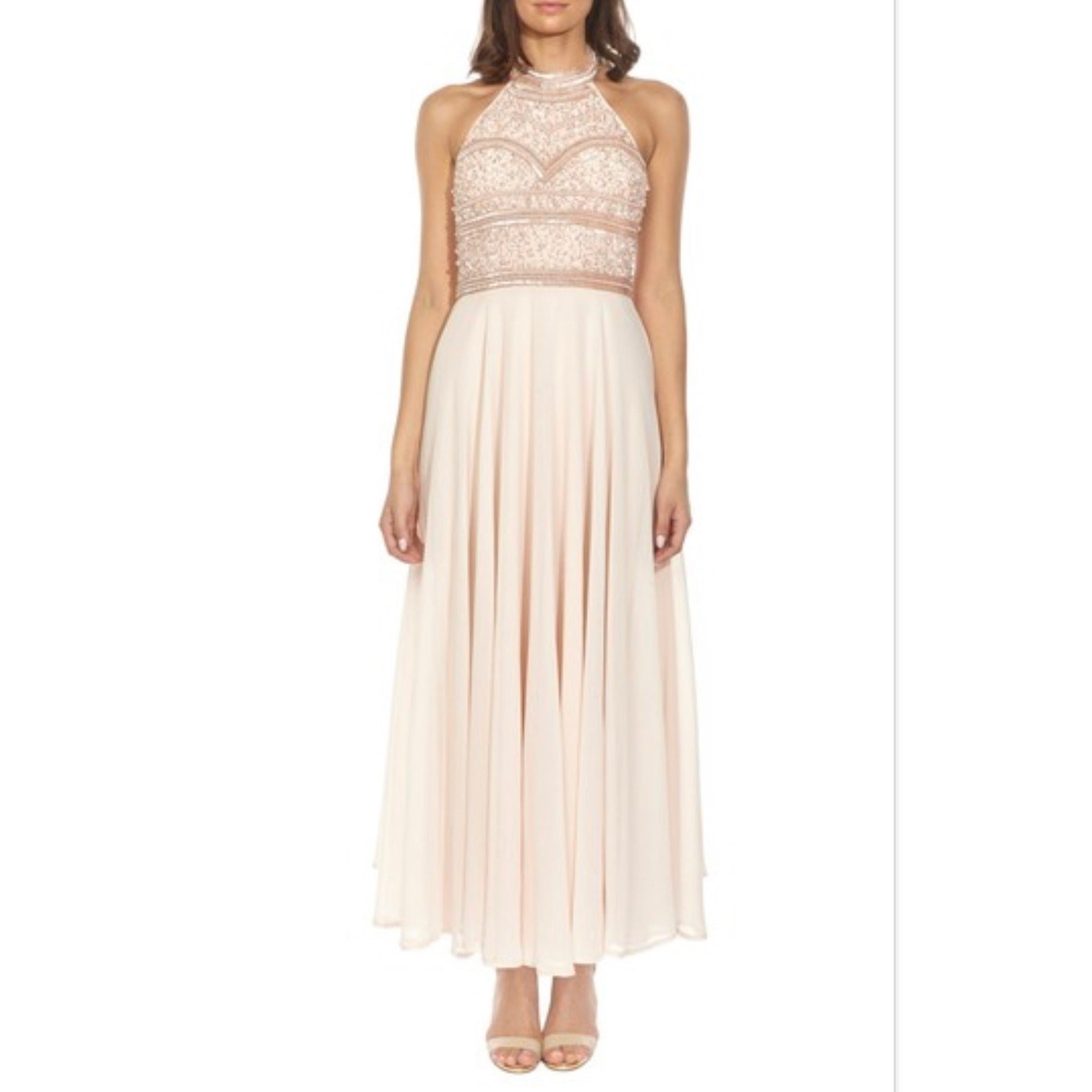 Lace & Beads Women’s Sunrise Embellished Halter Maxi Dress in Nude Size Large