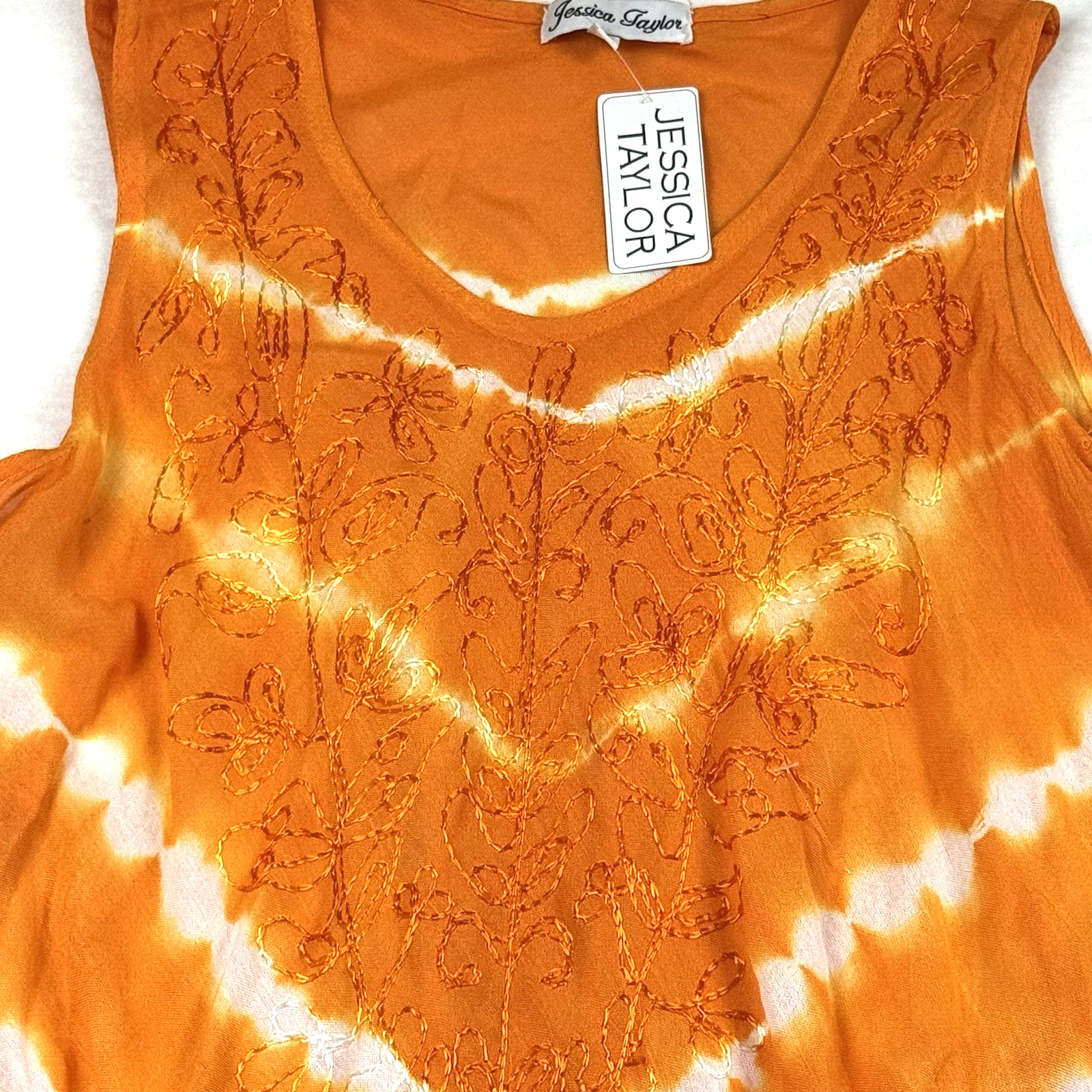 Jessica Taylor Bohemian Orange & White Tie-Dye Dress One Size Embroidered NEW