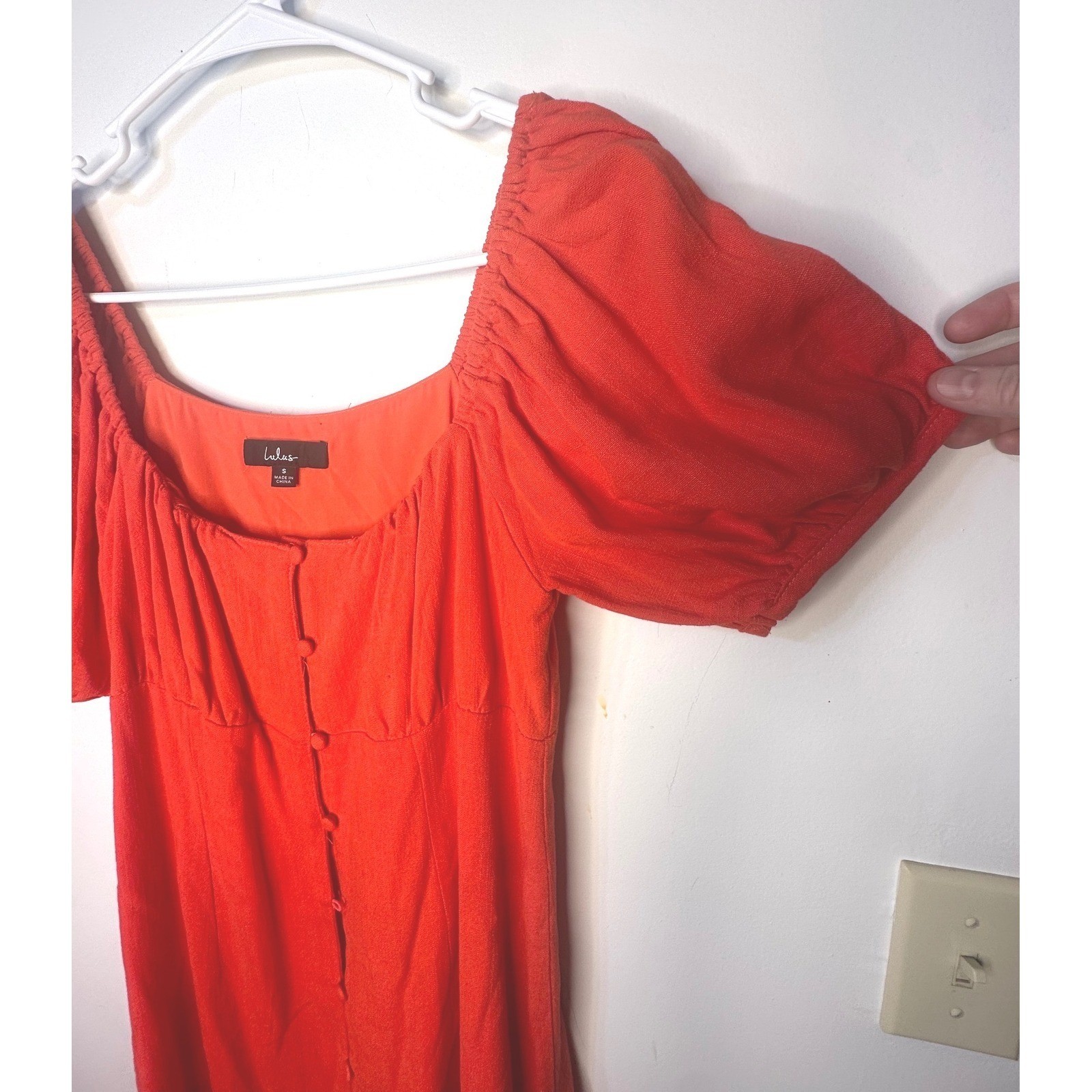 Lulus Mini Dress Women Size S Orange Red Excellent Puff Sleeve Button Front