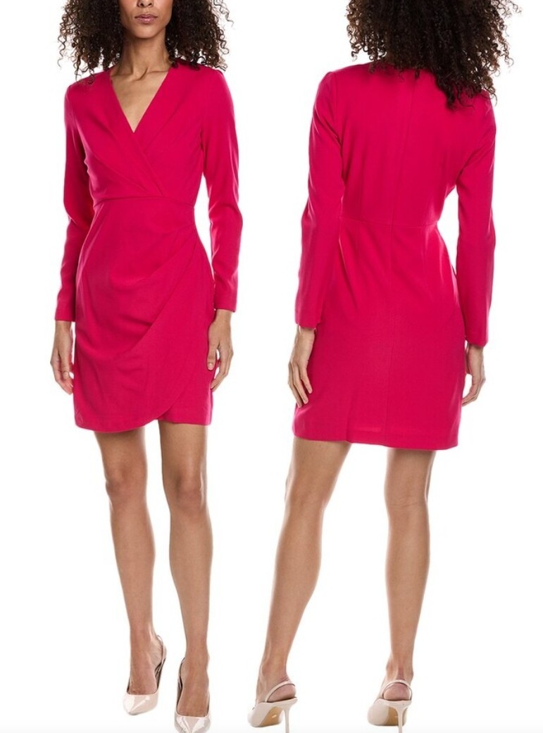 Taylor Crepe Ruched V-Neck Knee/Above-Knee Hot Pink Cocktail Dress 14 NWOT