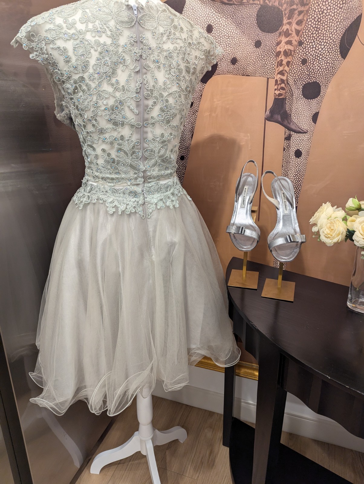 May Queen Size 12 Gray Beaded Embroidered Tulle V-Neck A-Line Knee Dress