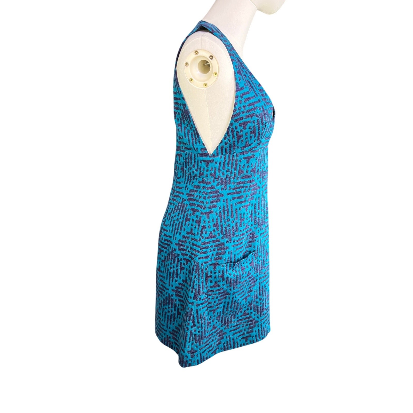 Anna Sui Teal Purple Jacquard Mini Dress Sleeveless Plunge Neck Size 0 USA