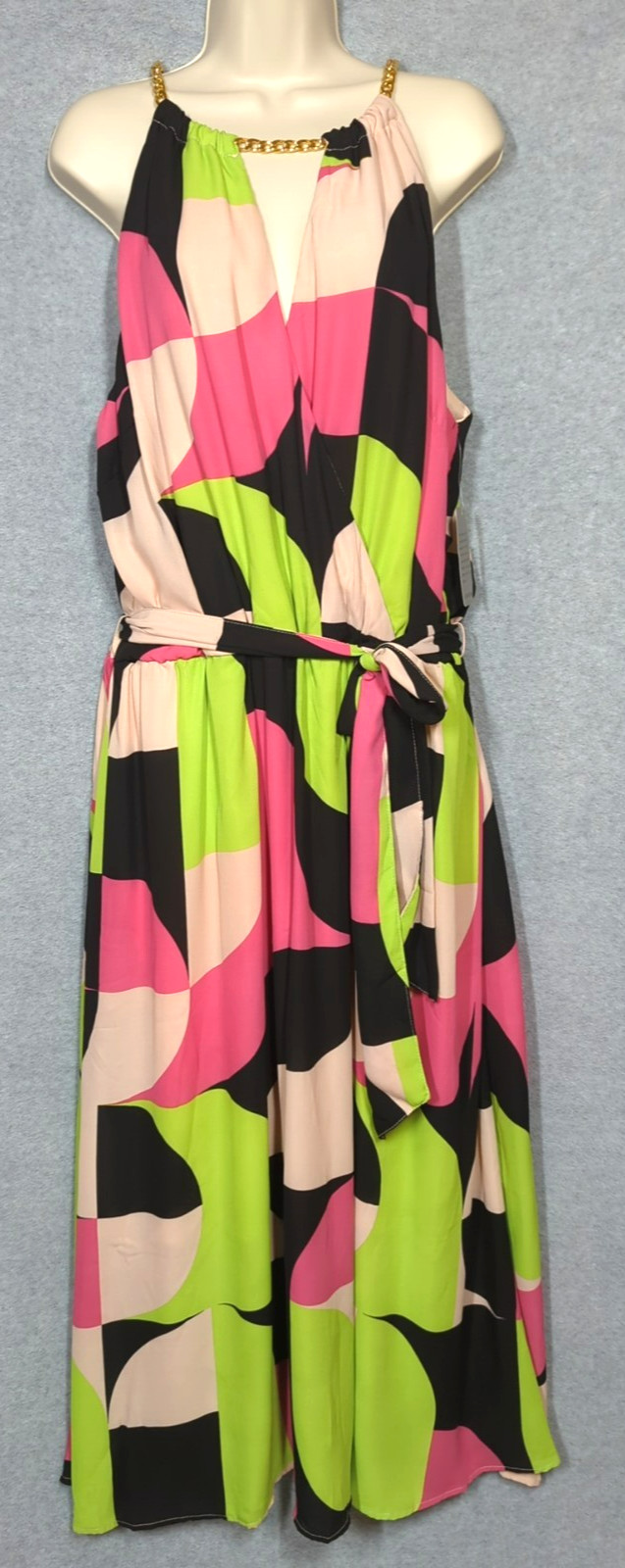 New Plus 2X Maxi Dress Sleeveless Elastic Waist Chain Accent Bold Bright Beauty