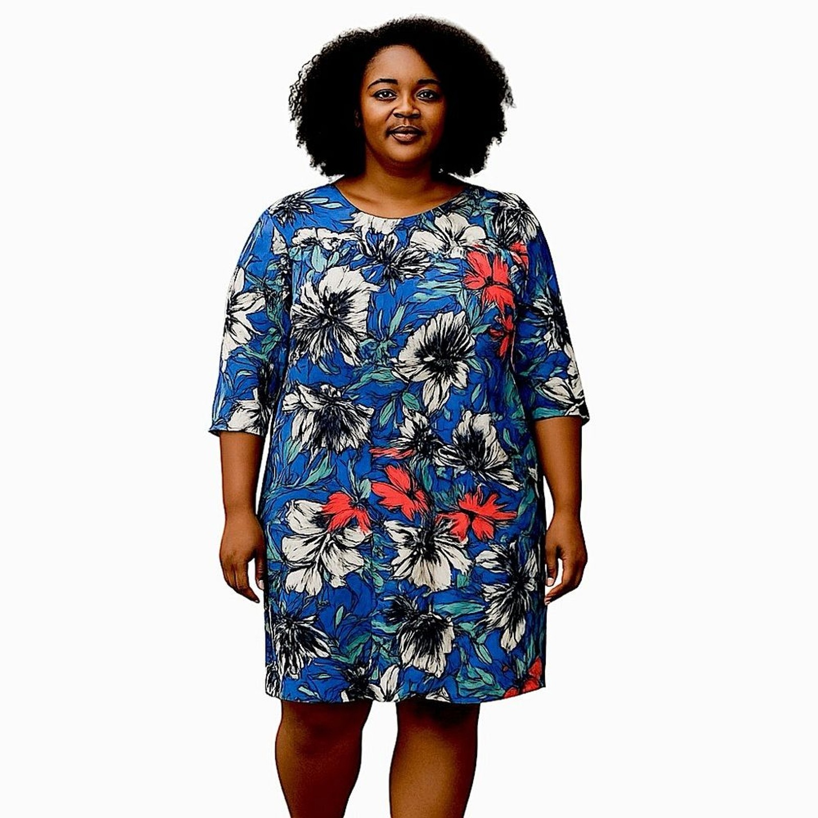 ELOQUII FLORAL BOHO LONG SLEEVE ROUND CREW NECK BLUE GREEN WHITE DRESS 14