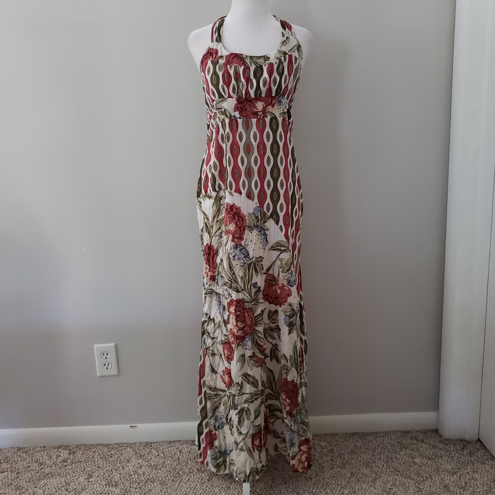 Sacred Threads Boho Hippie Maxi Dress MED Patchwork Artsy Empire Halter Vacation