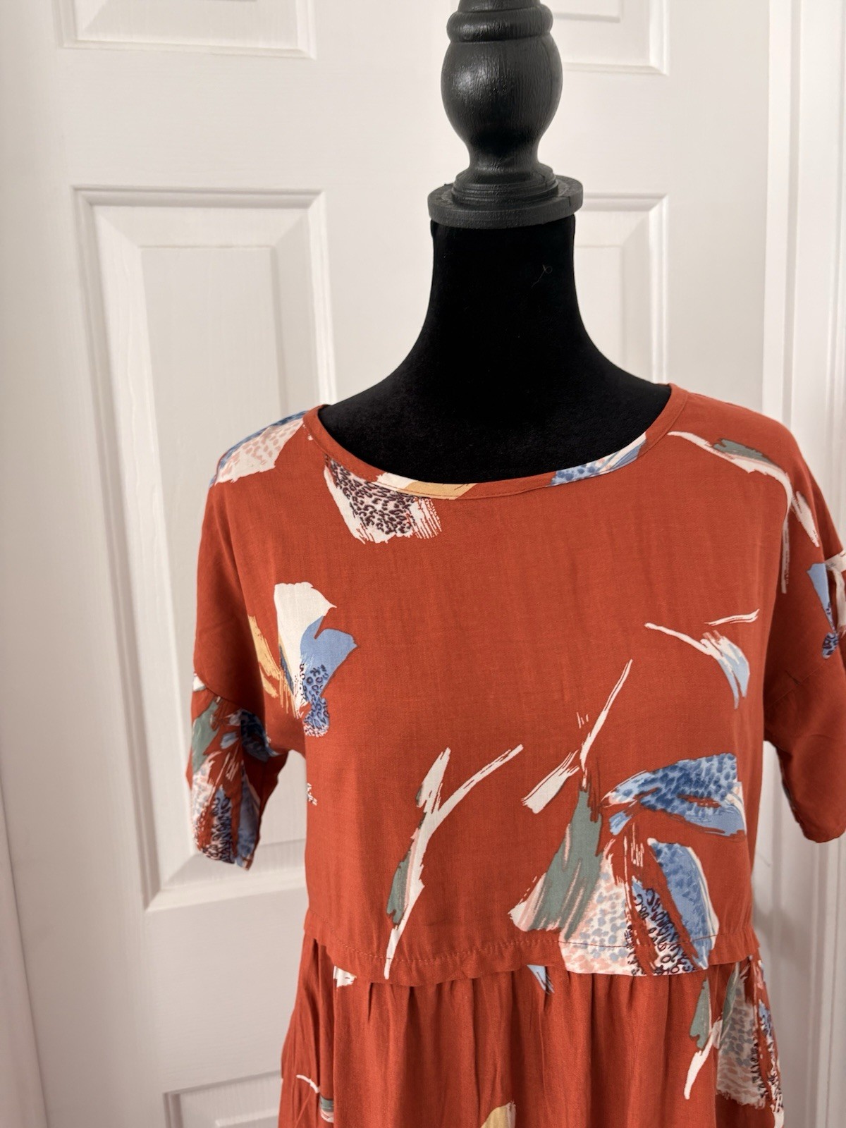 DownEast Rust Floral Midi Dress with Blue & Cream Accents