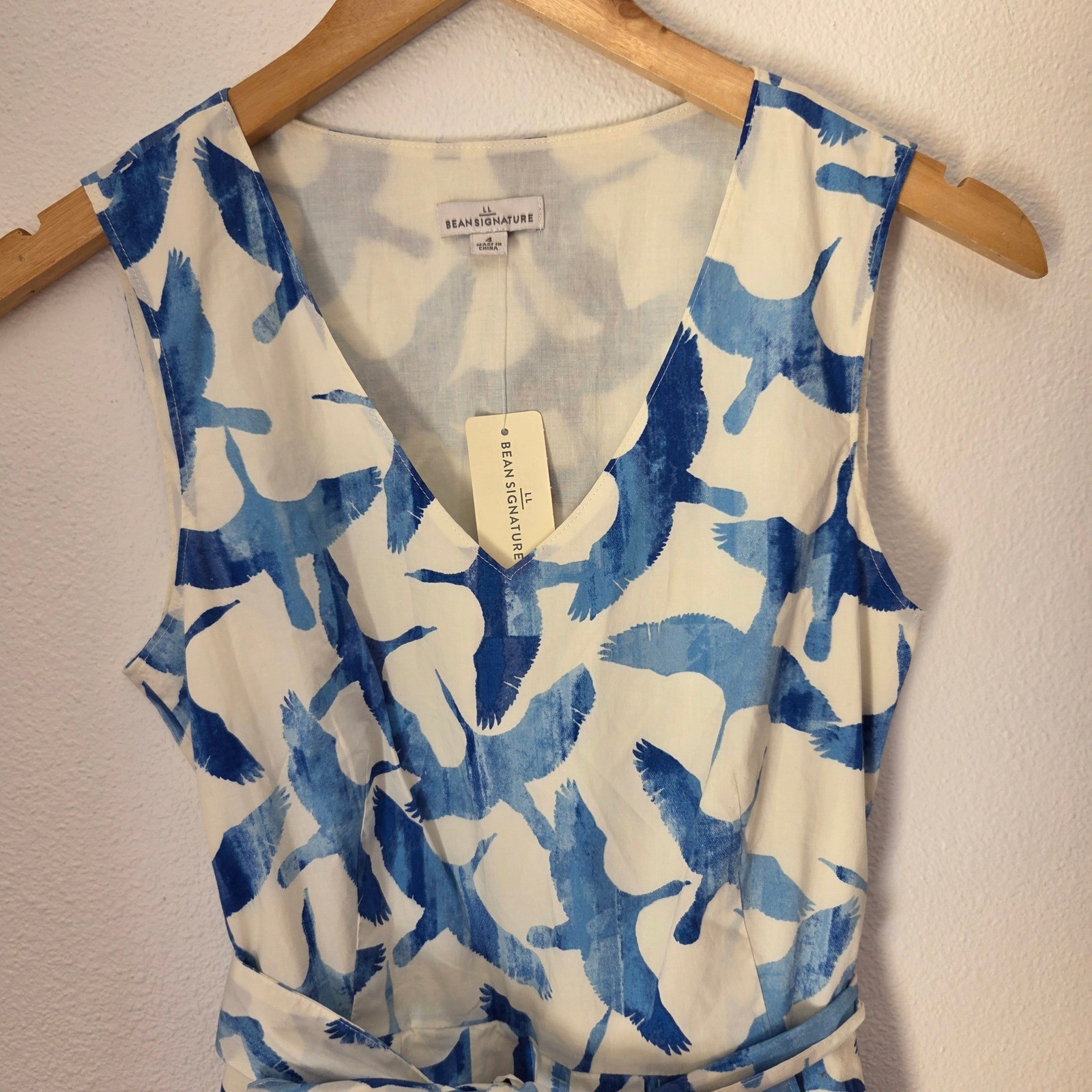 LL Bean Signature Blue White Crane Bird Print Linen Cotton Belted Dress NWT 4