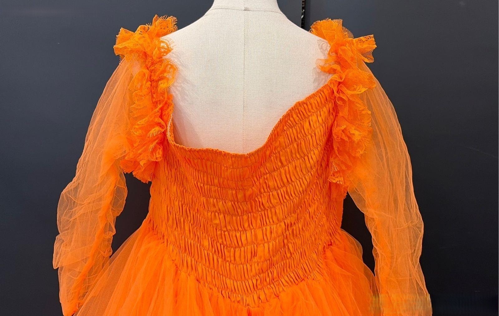 Oyemwen Orange Tulle Ruffle Tiered Gown Sheer Long Sleeve Smocked Maxi Dress NWT