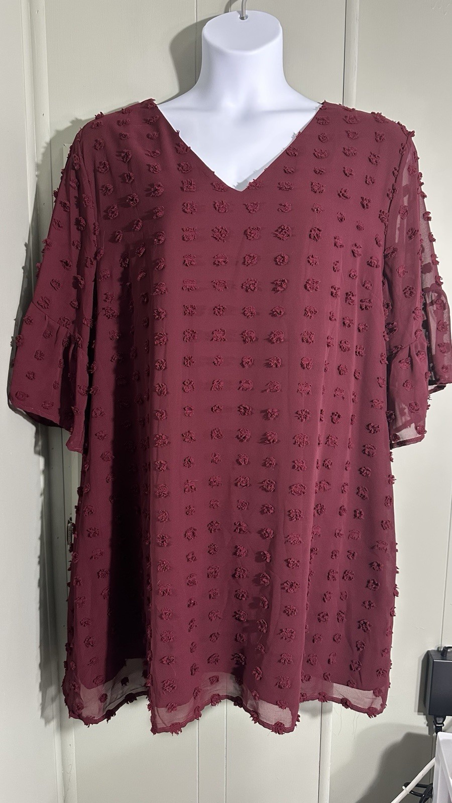 B Collection by Bobeau Dress Dotted Swiss V-Neck Lined Burgundy Maroon 3X