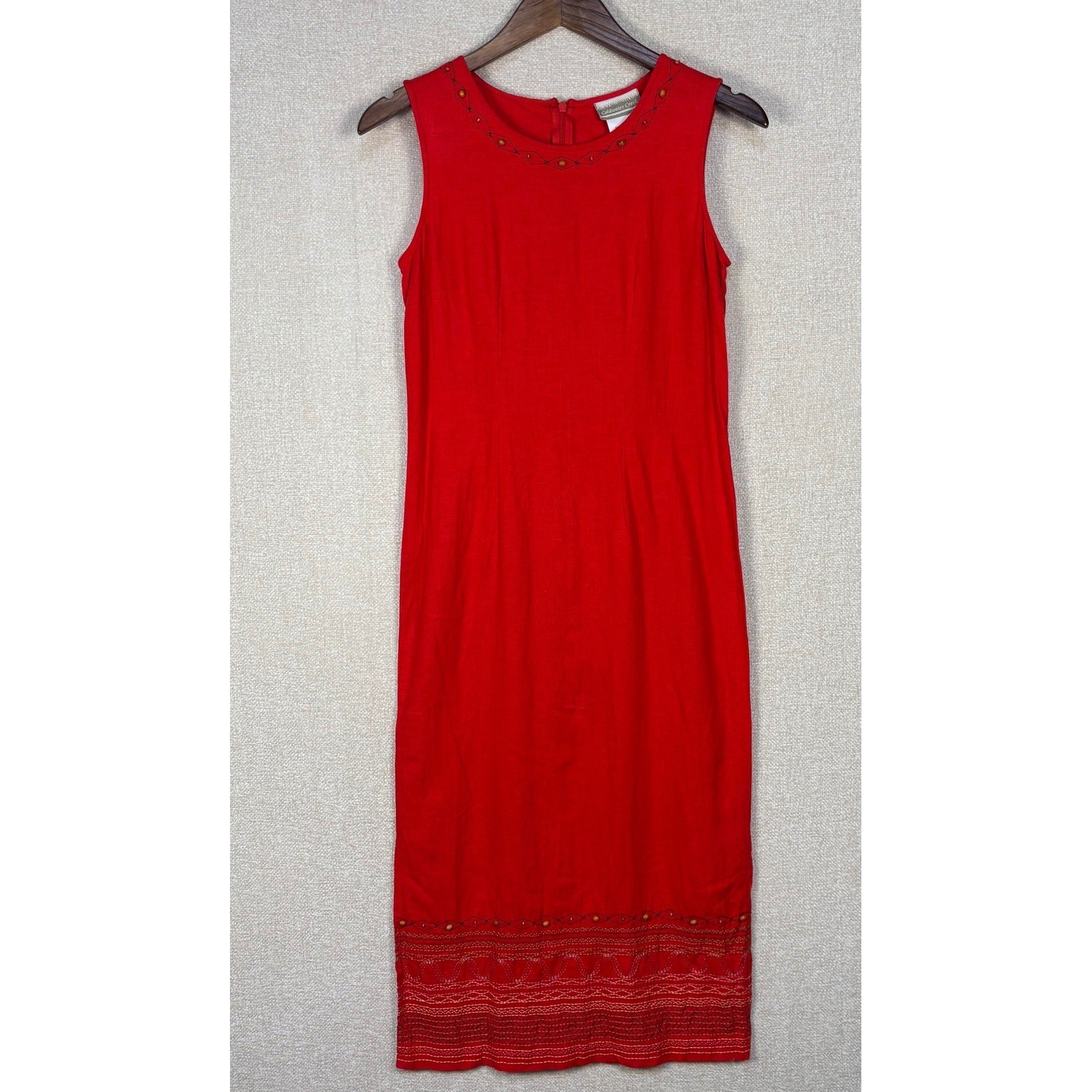 Coldwater Creek Size P8 Red Linen Blend Embroidered Beaded Sheath Midi Dress