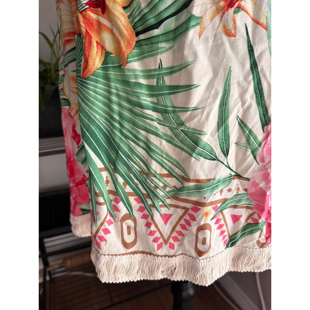 Tropical Floral Print Sundress / Beach Cover-Up with Rope Straps & Fringe Hem
