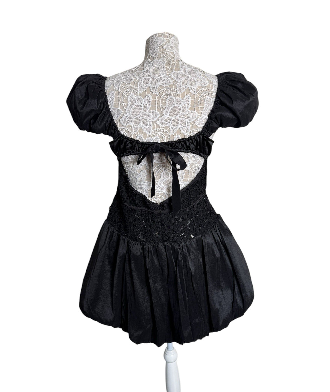 NWT For Love & Lemons Mckenna Mini Bubble Hem Lace Bustier Dress Black X-Large